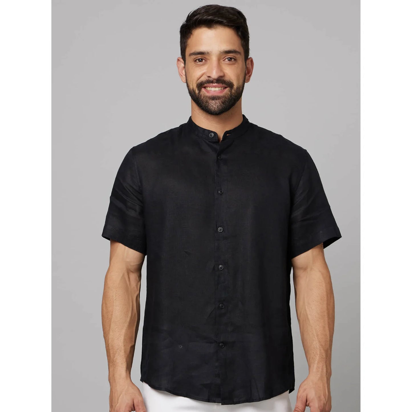Celio* Solid Regular Fit Linen Black Shirt