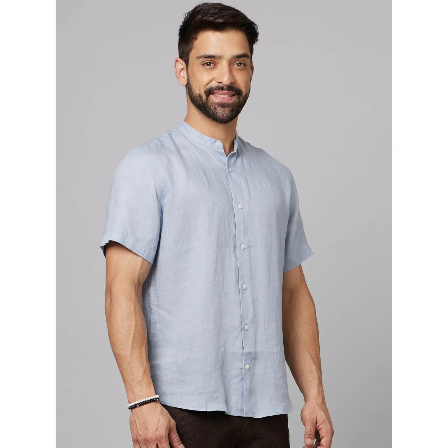 Celio* Solid Regular Fit Linen Blue Shirt