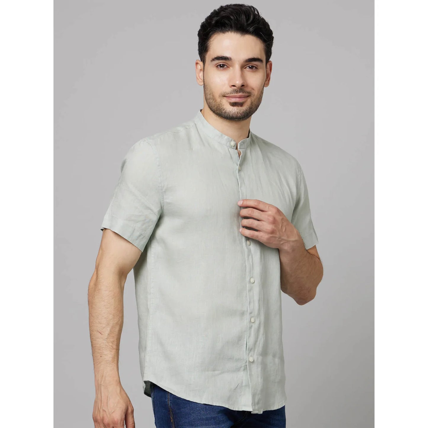 Celio* Solid Regular Fit Linen Grey Shirt