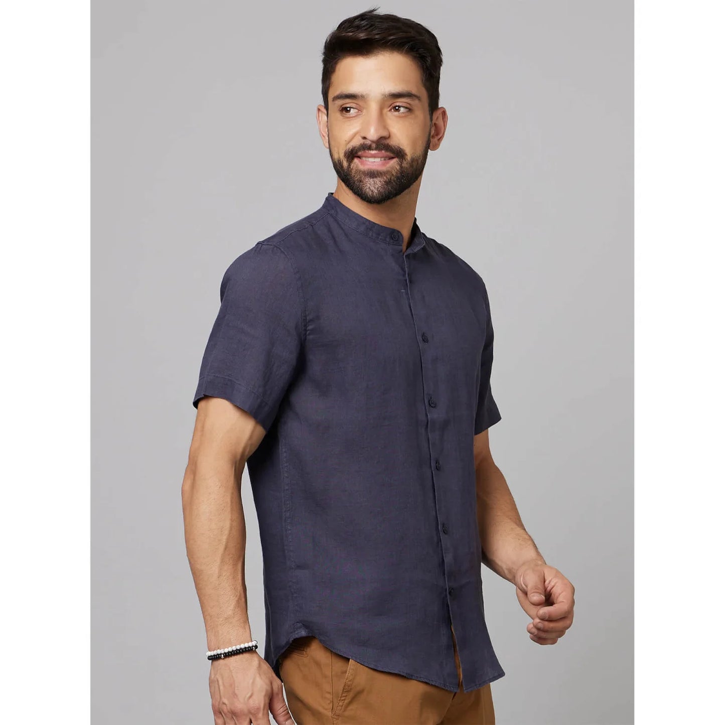 Celio* Solid Slim Fit Linen Navy Blue Shirt