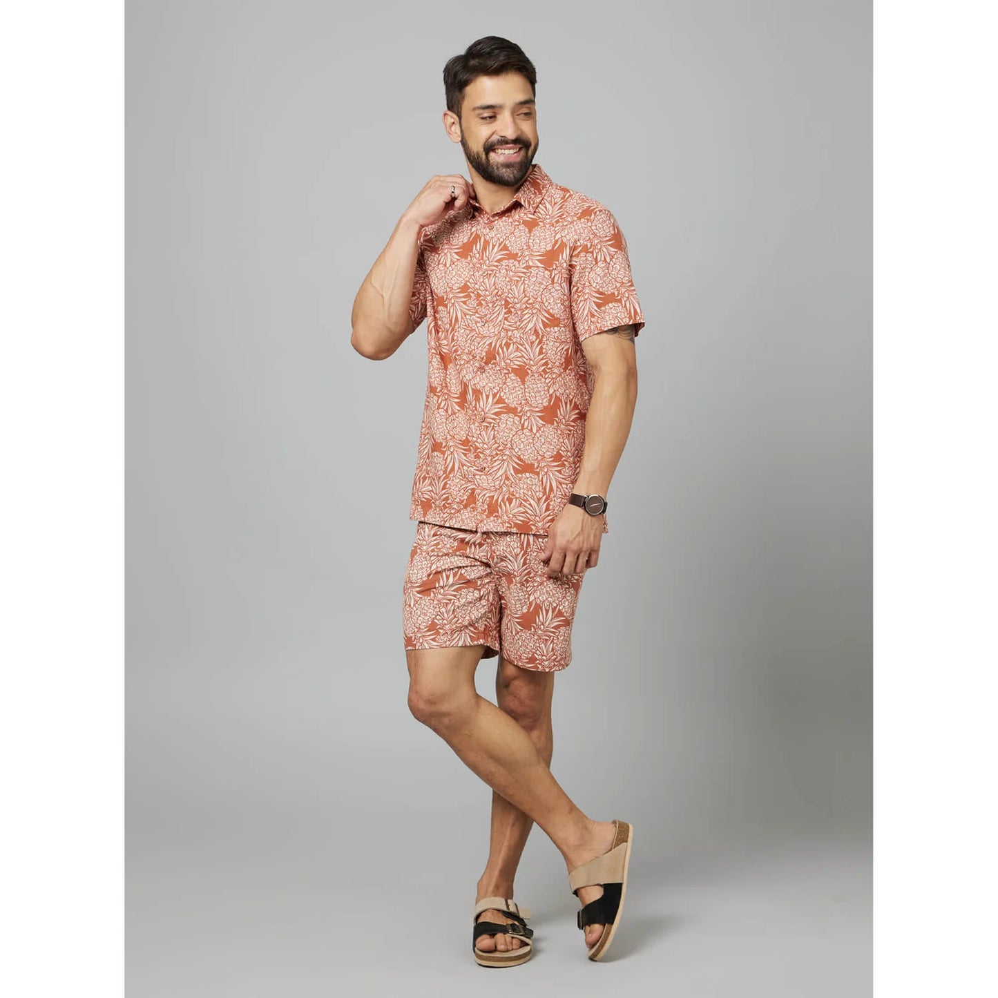 Celio* Tropical Regular Fit Cotton-Linen-Blend Rust Shirt