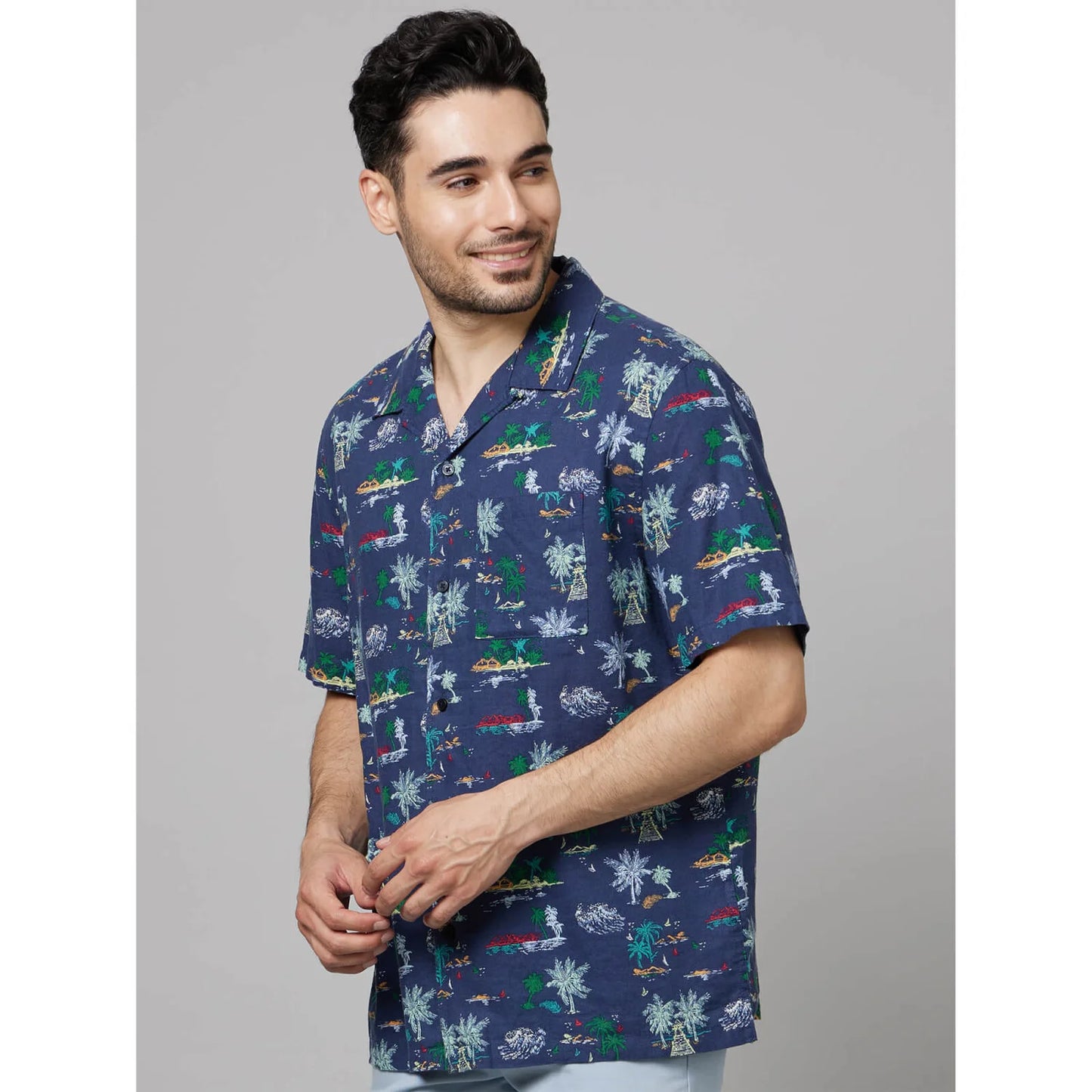 Celio* Conversational Regular Fit Cotton-Linen-Blend Navy Blue Shirt