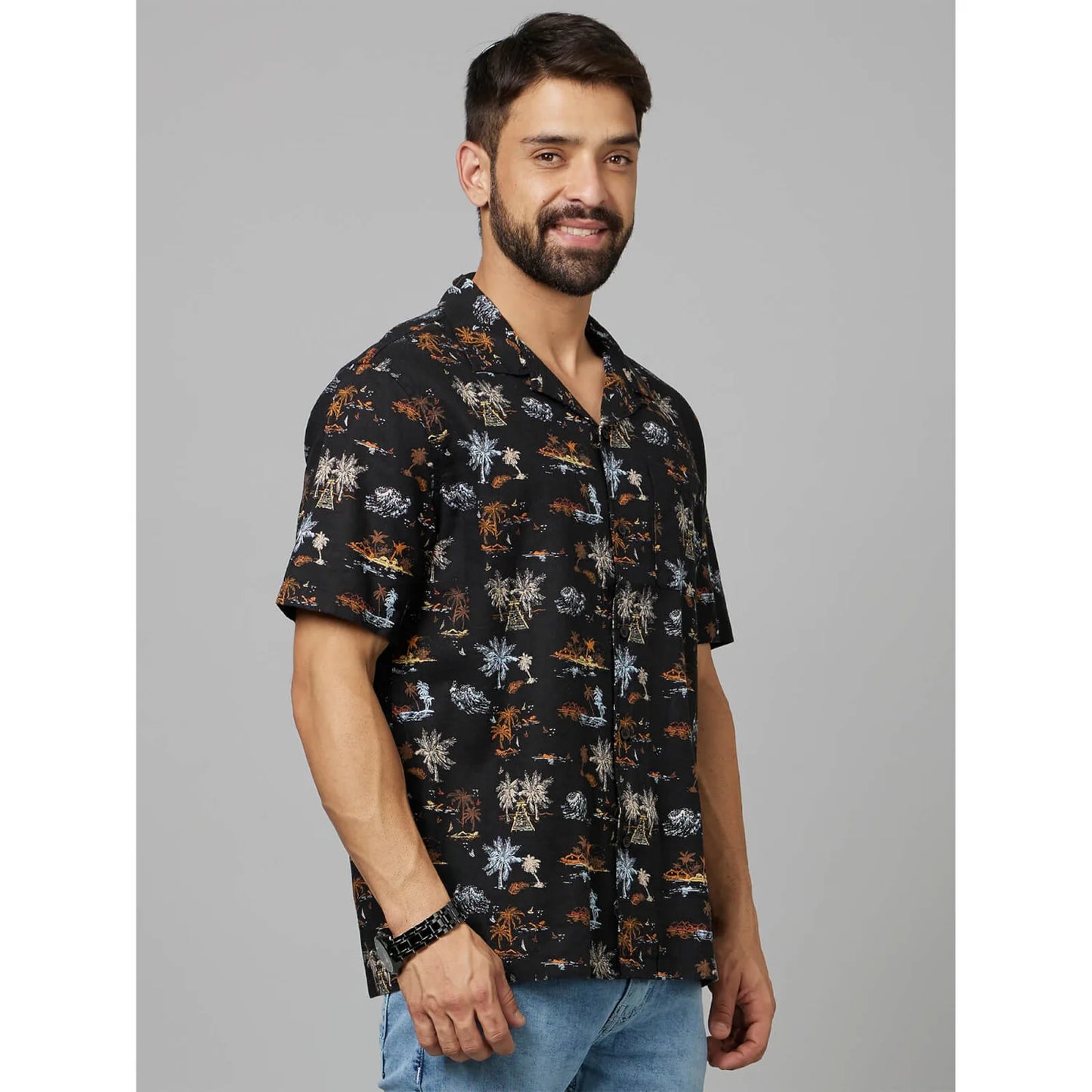 Celio* Conversational Regular Fit Cotton-Linen-Blend Black Shirt