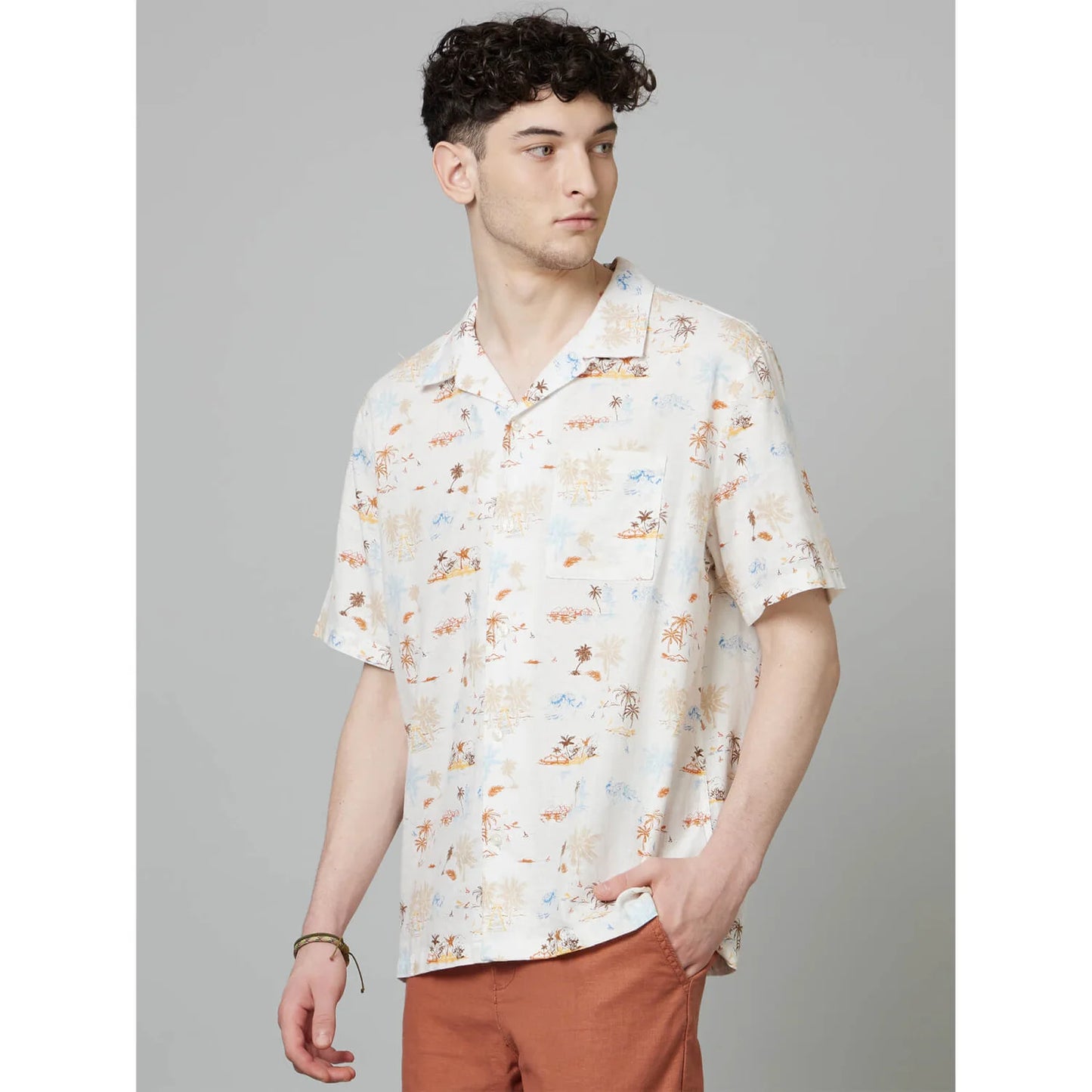 Celio* Conversational Regular Fit Cotton-Linen-Blend White Shirt