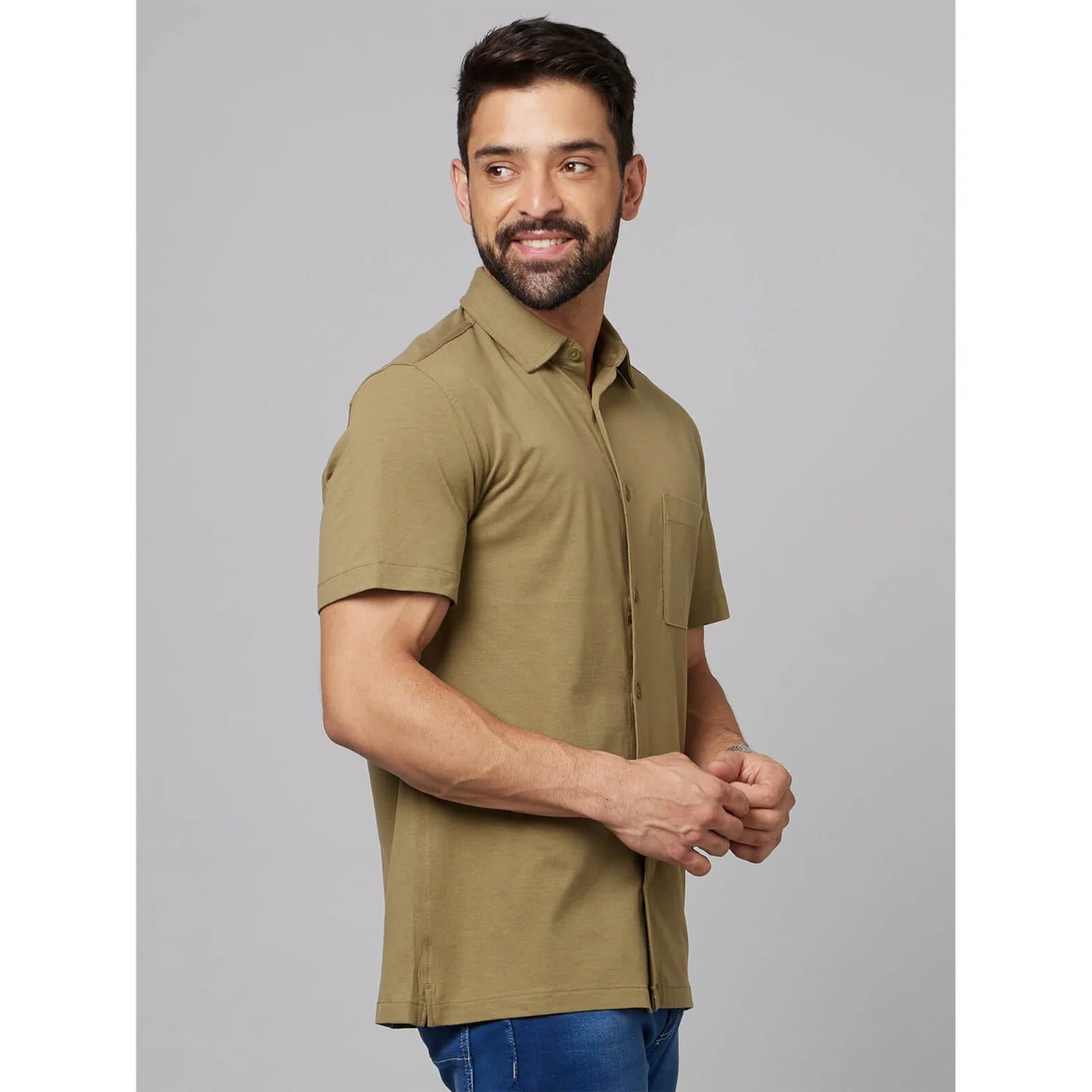 Celio* Solid Regular Fit Cotton Khaki Shirt