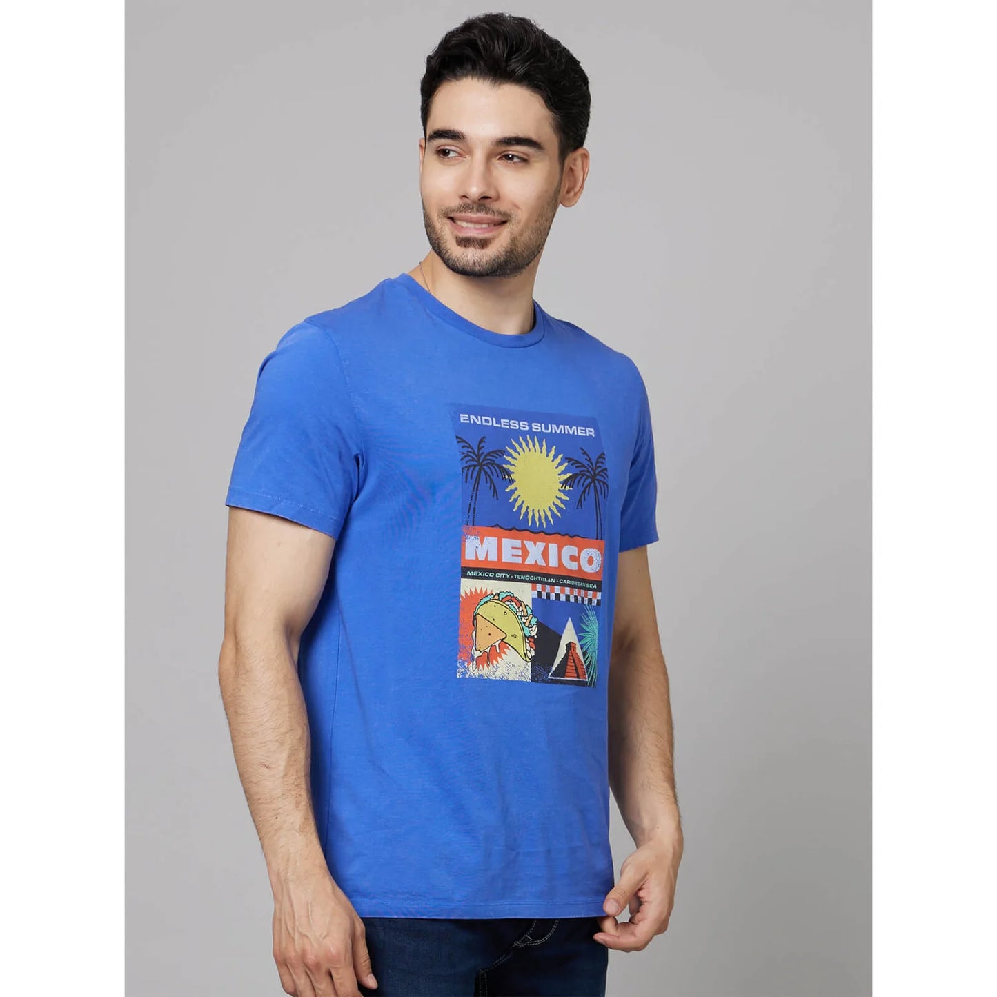 Celio* Graphics Regular Fit Cotton Blue T-Shirt