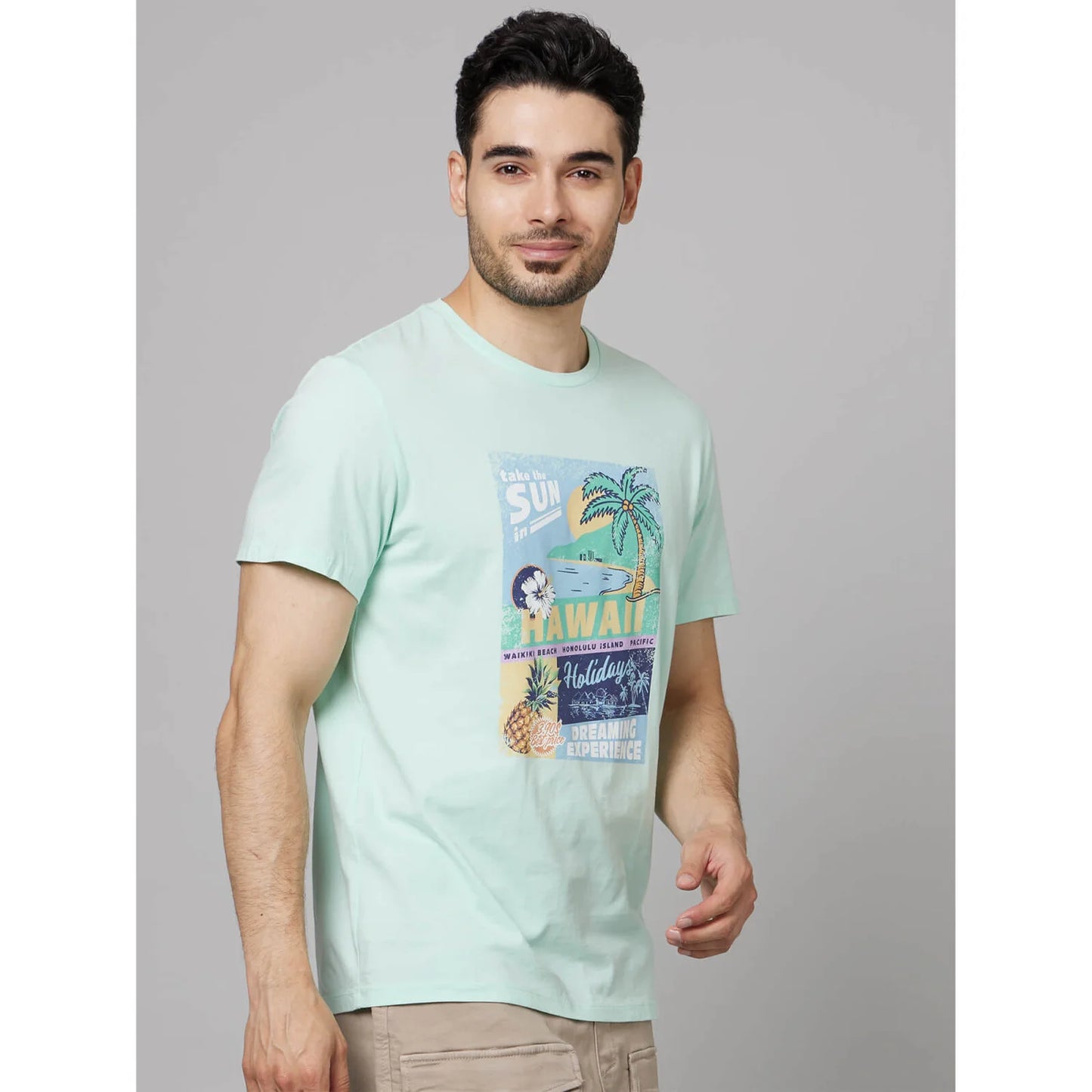 Celio* Graphics Regular Fit Cotton Green T-Shirt