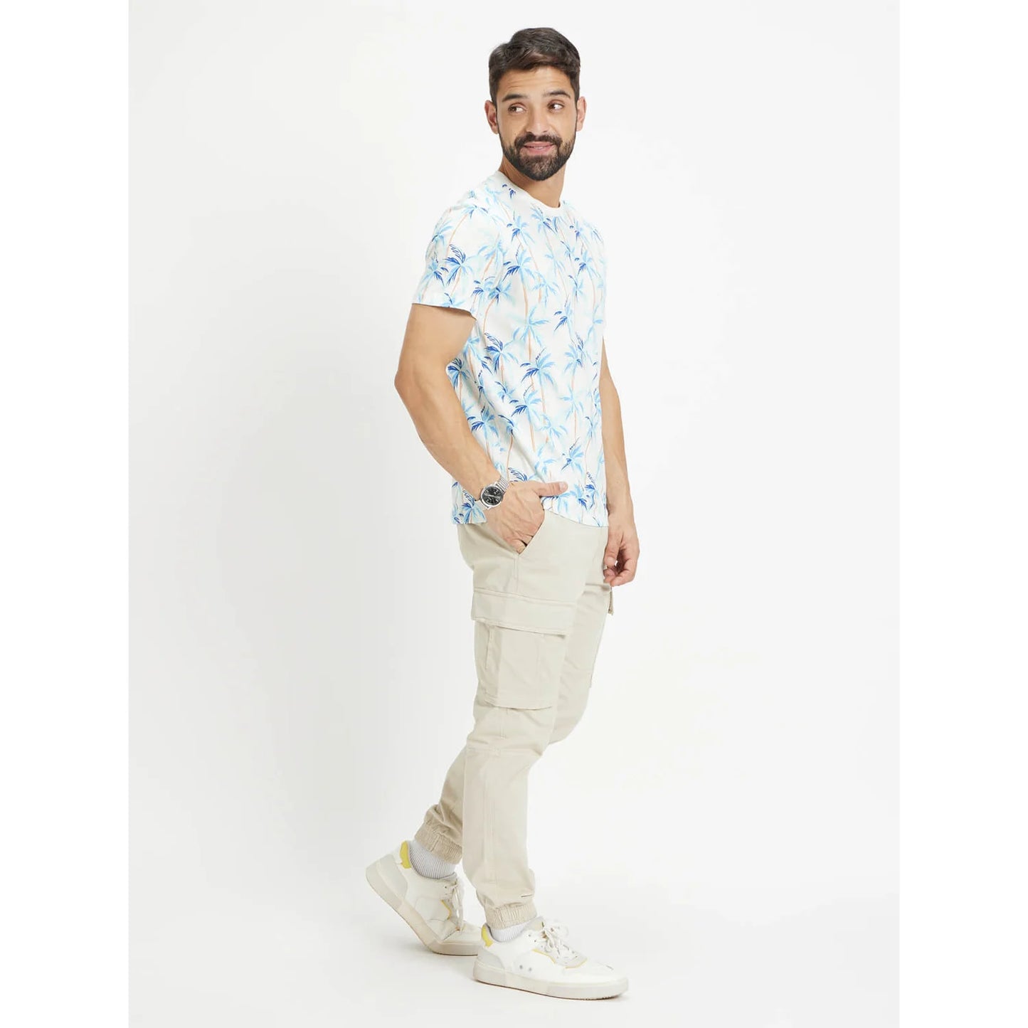 Celio* Floral Regular Fit Cotton White T-Shirt