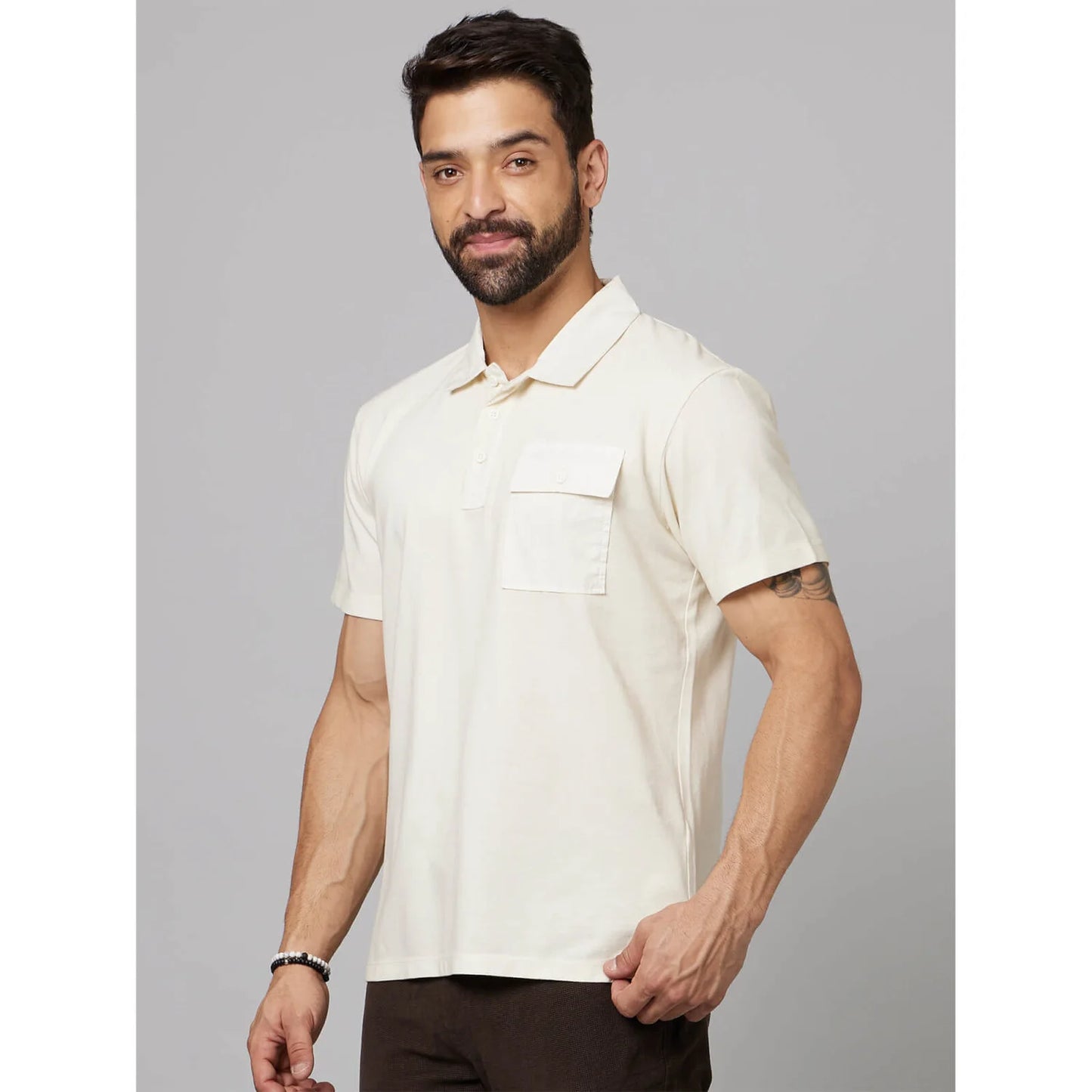 Celio* Solid Regular Fit Cotton Cream T-Shirt