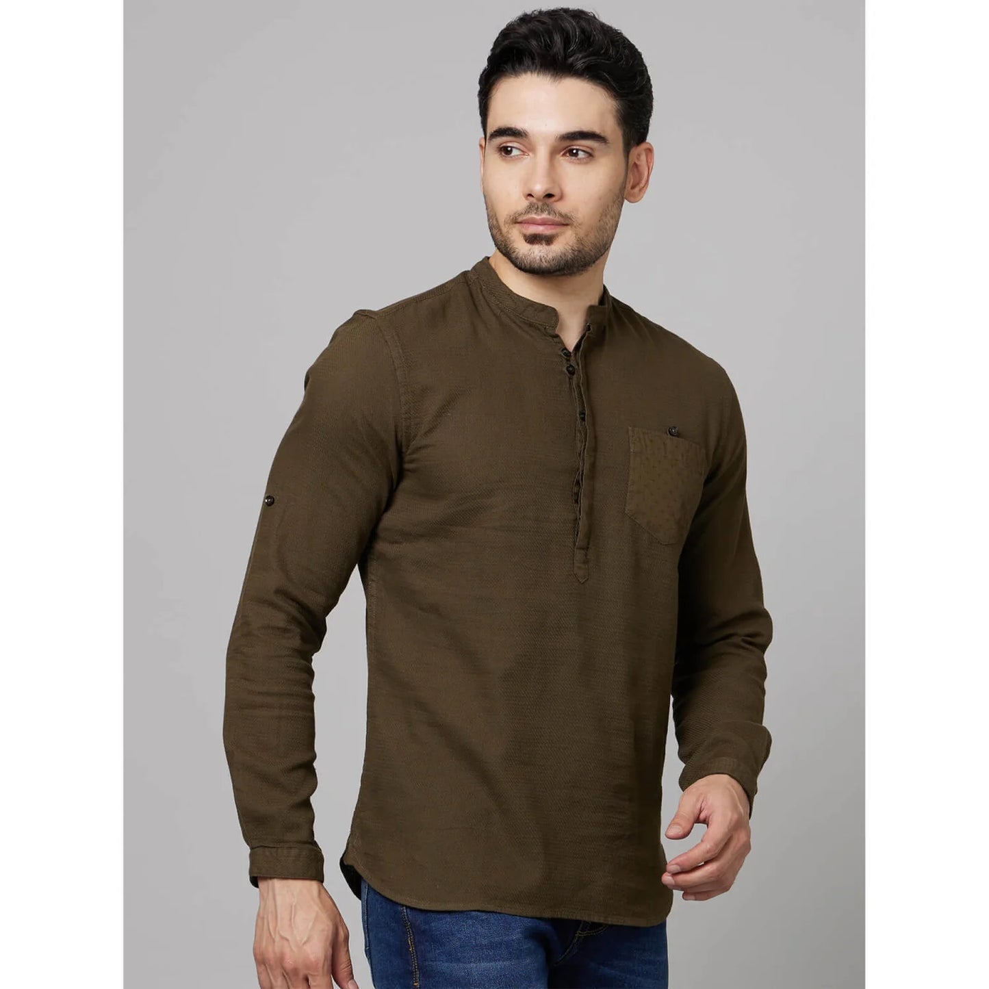 Celio* Solid Regular Fit Cotton Olive Shirt