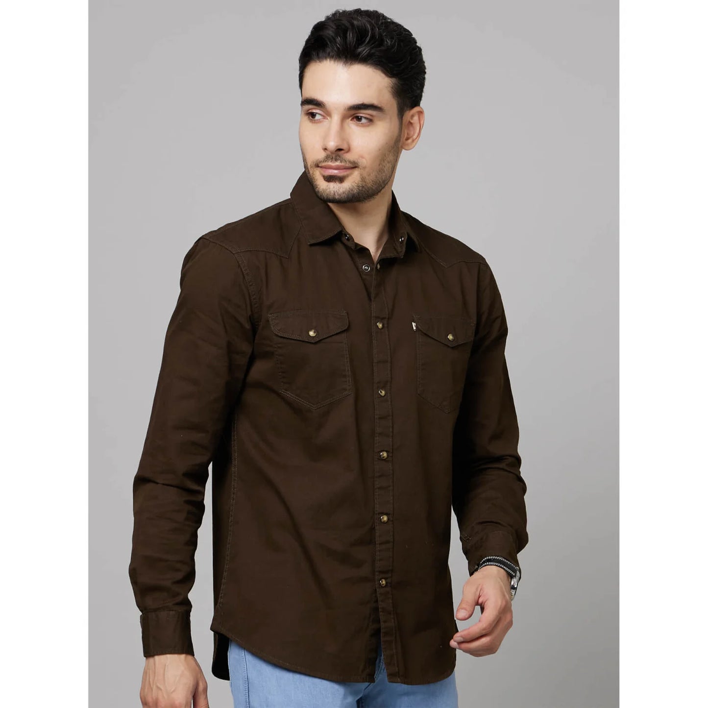 Celio* Solid Slim Fit Cotton Brown Shirt