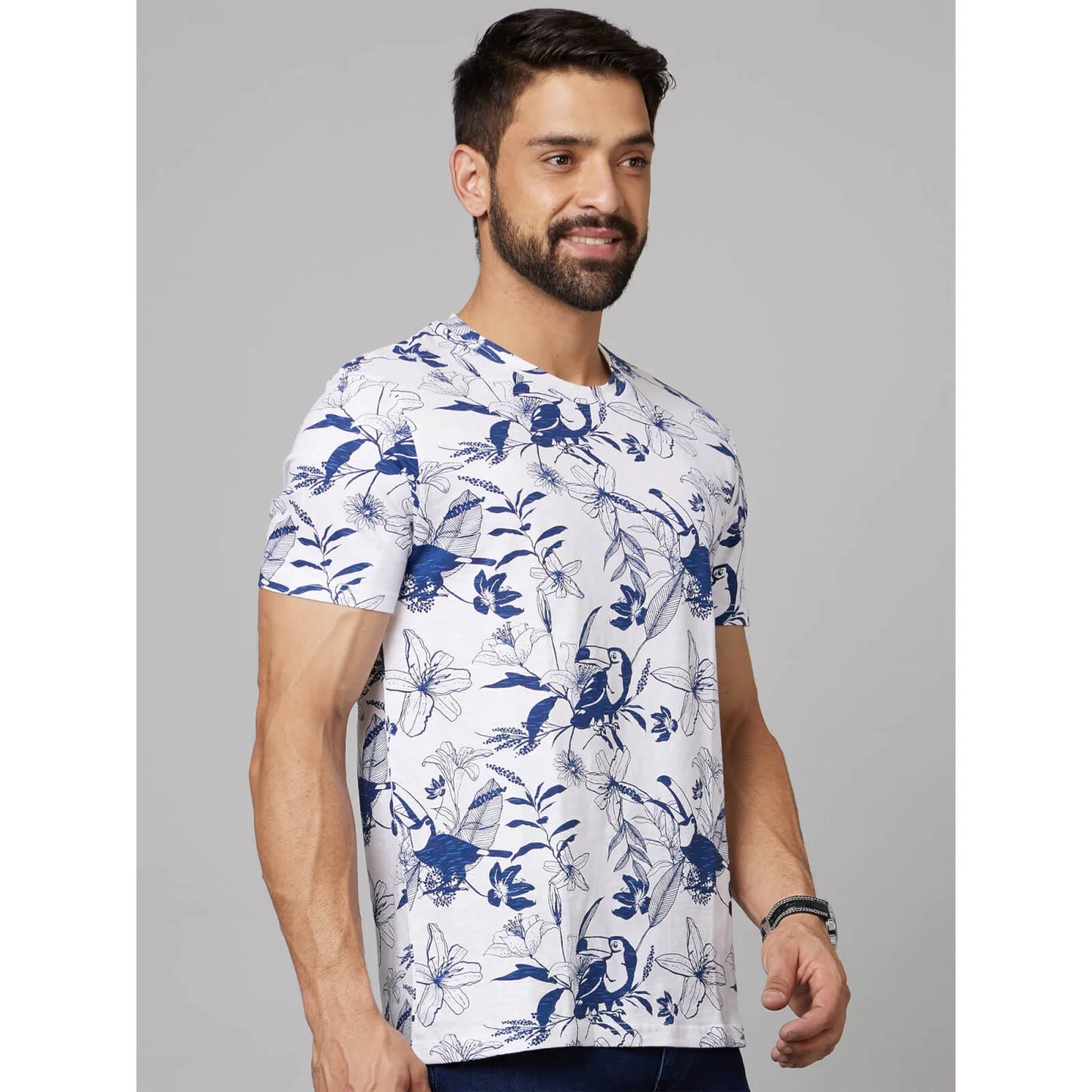Celio* Floral Regular Fit Cotton White T-Shirt