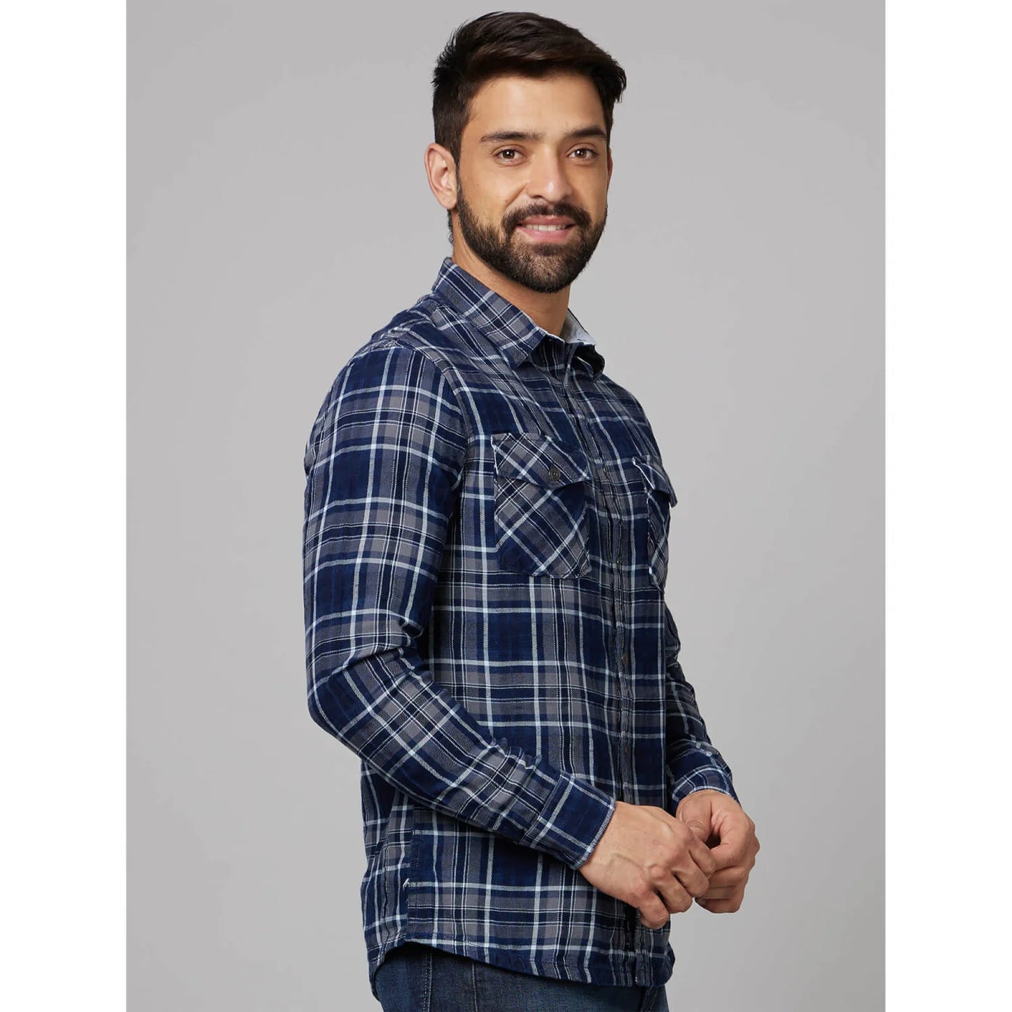Celio* Checked Slim Fit Cotton Navy Blue Shirt