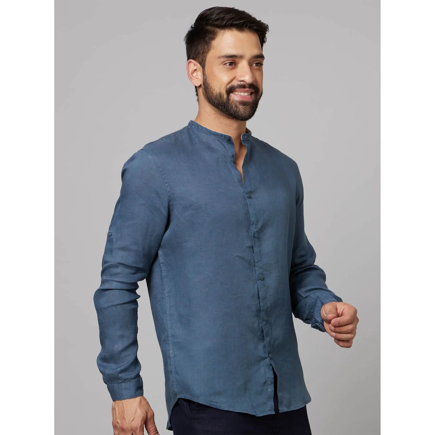 Celio* Solid Regular Fit Linen Navy Blue Shirt
