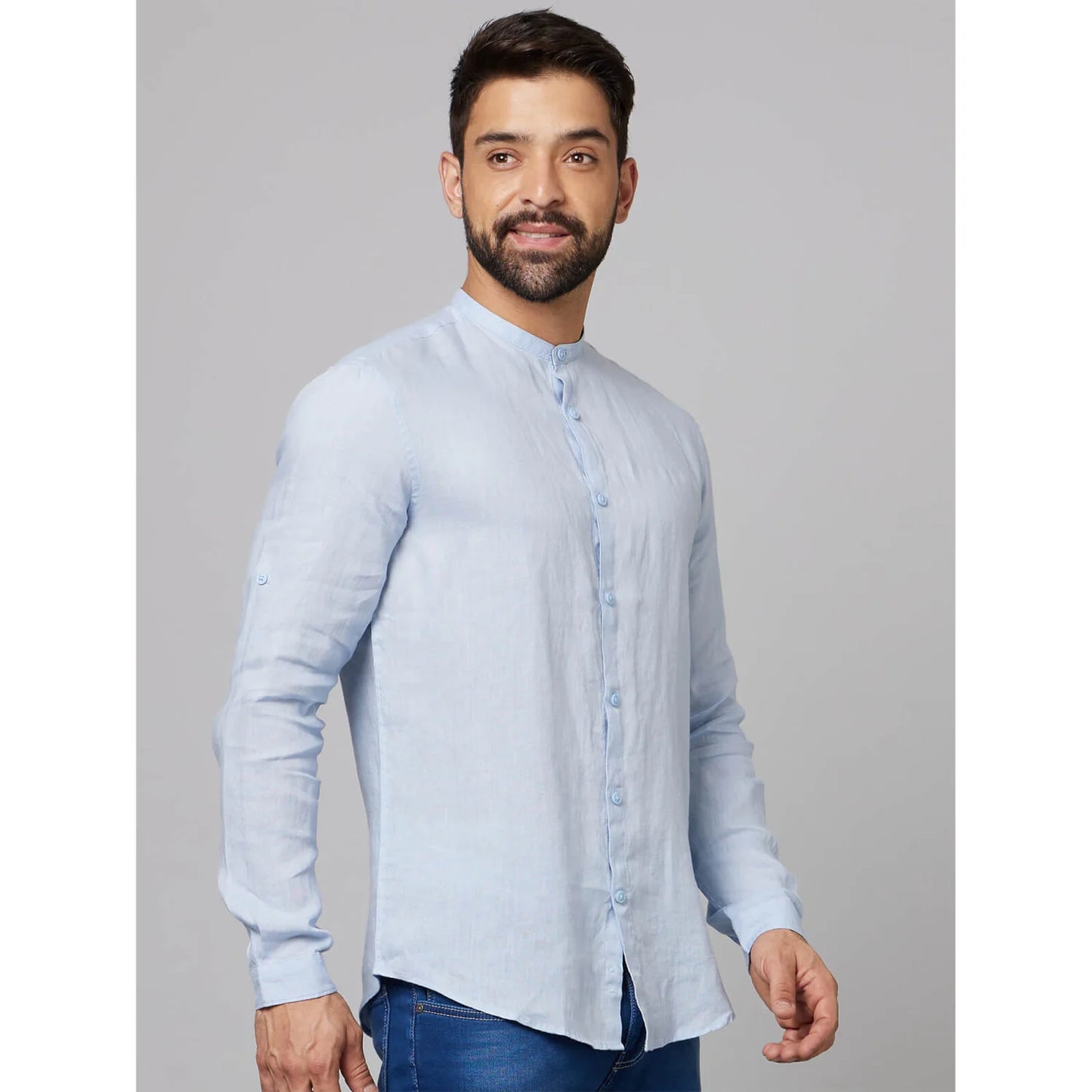 Celio* Solid Regular Fit Linen Light Blue Shirt