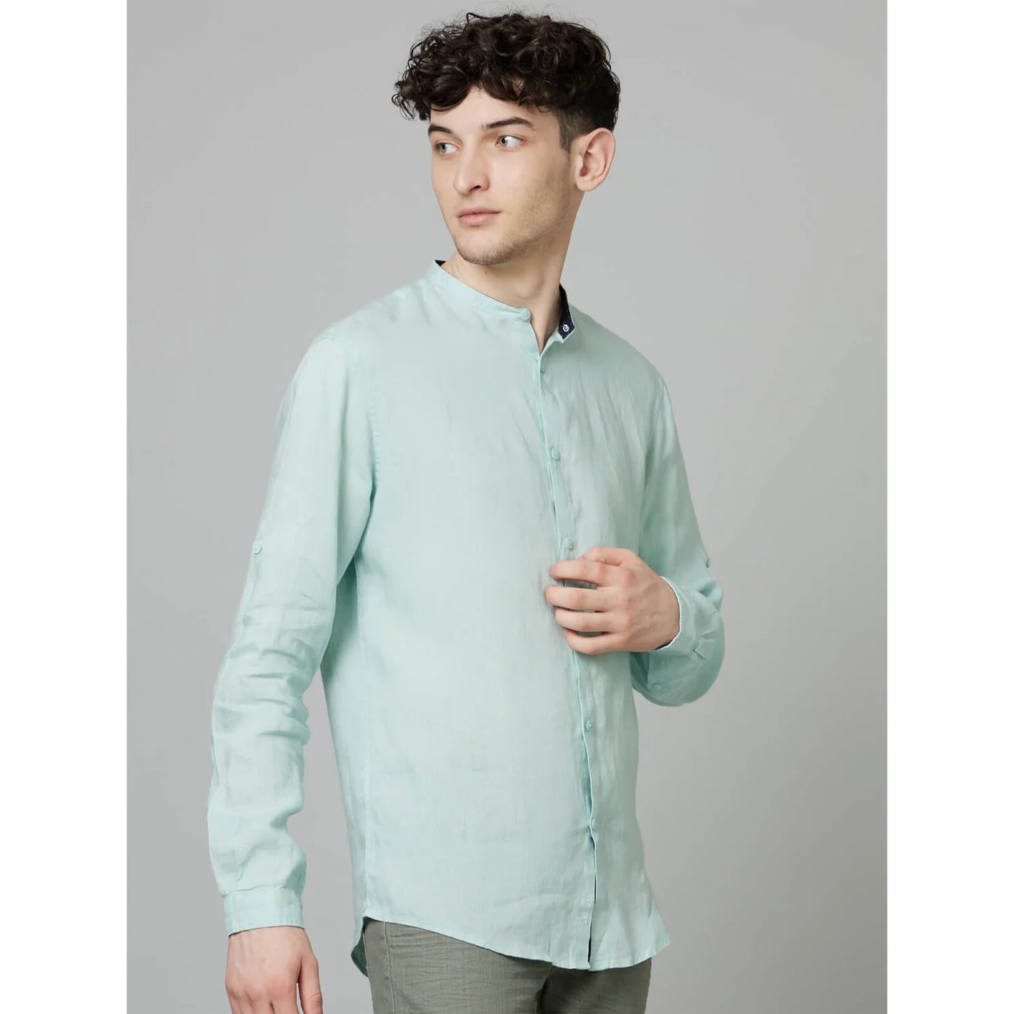 Celio* Solid Slim Fit Linen Green Shirt
