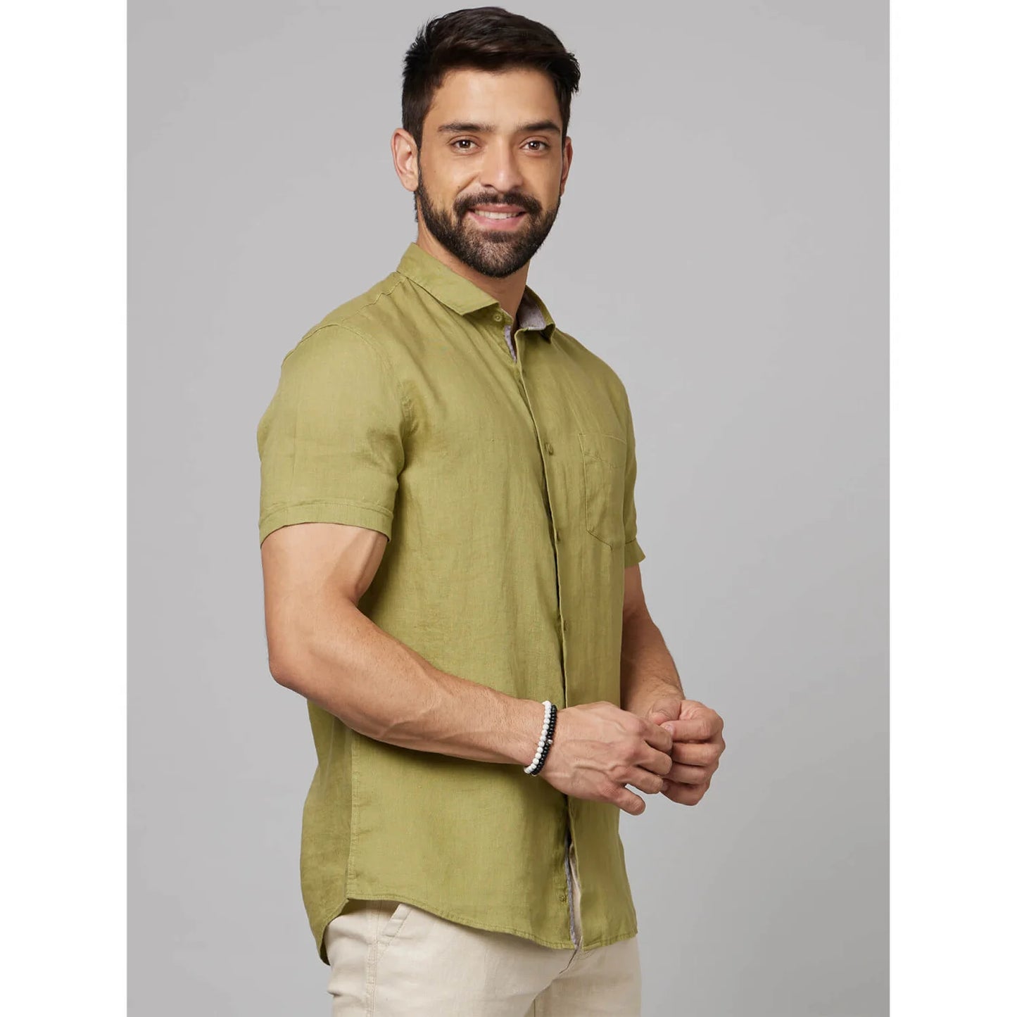 Celio* Solid Slim Fit Linen Green Shirt
