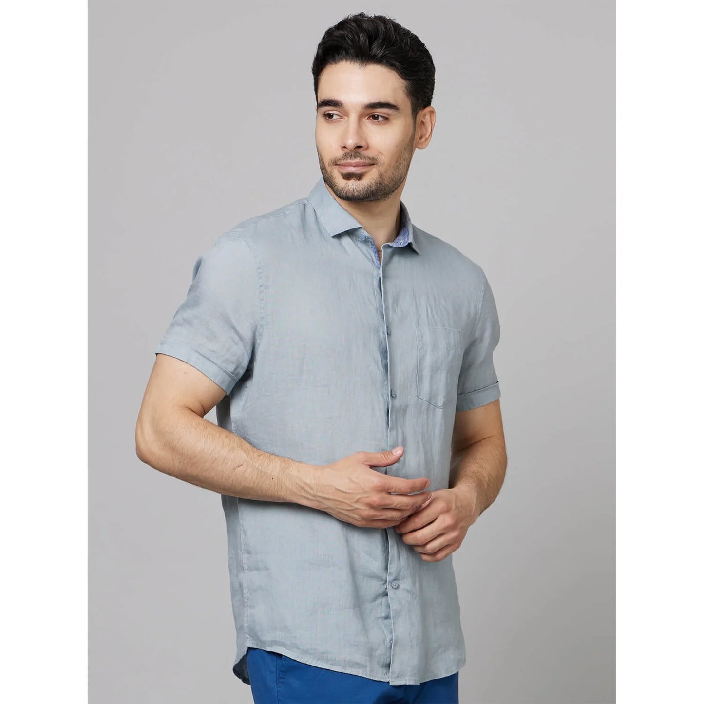 Celio* Solid Regular Fit Linen Light Blue Shirt