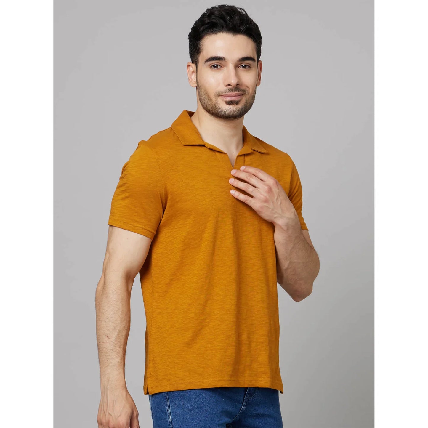 Celio* Solid Regular Fit Cotton Mustard T-Shirt
