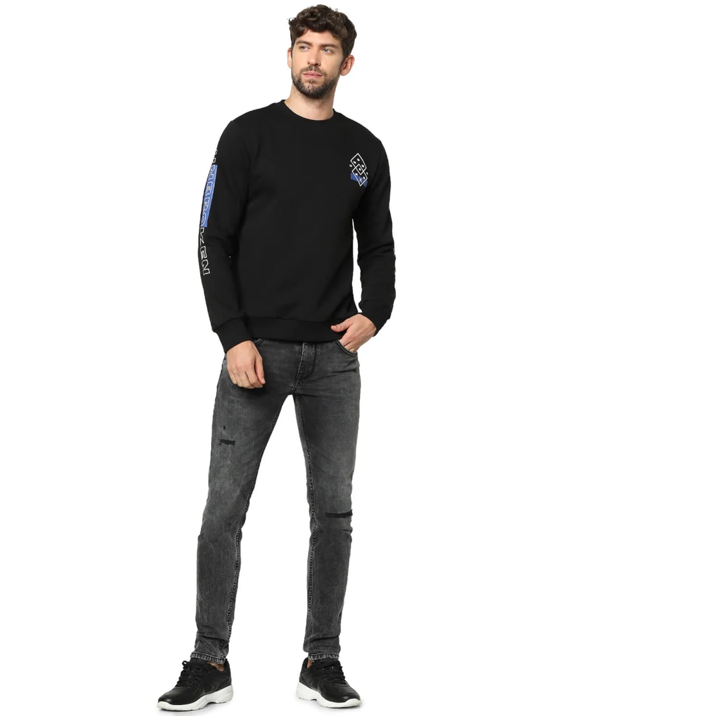 Celio* Solid Regular Fit Cotton-Blend Black Sweatshirt