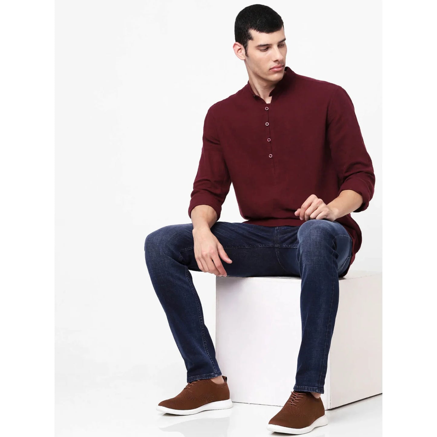 Celio* Slub Regular Fit Cotton Burgundy Shirt