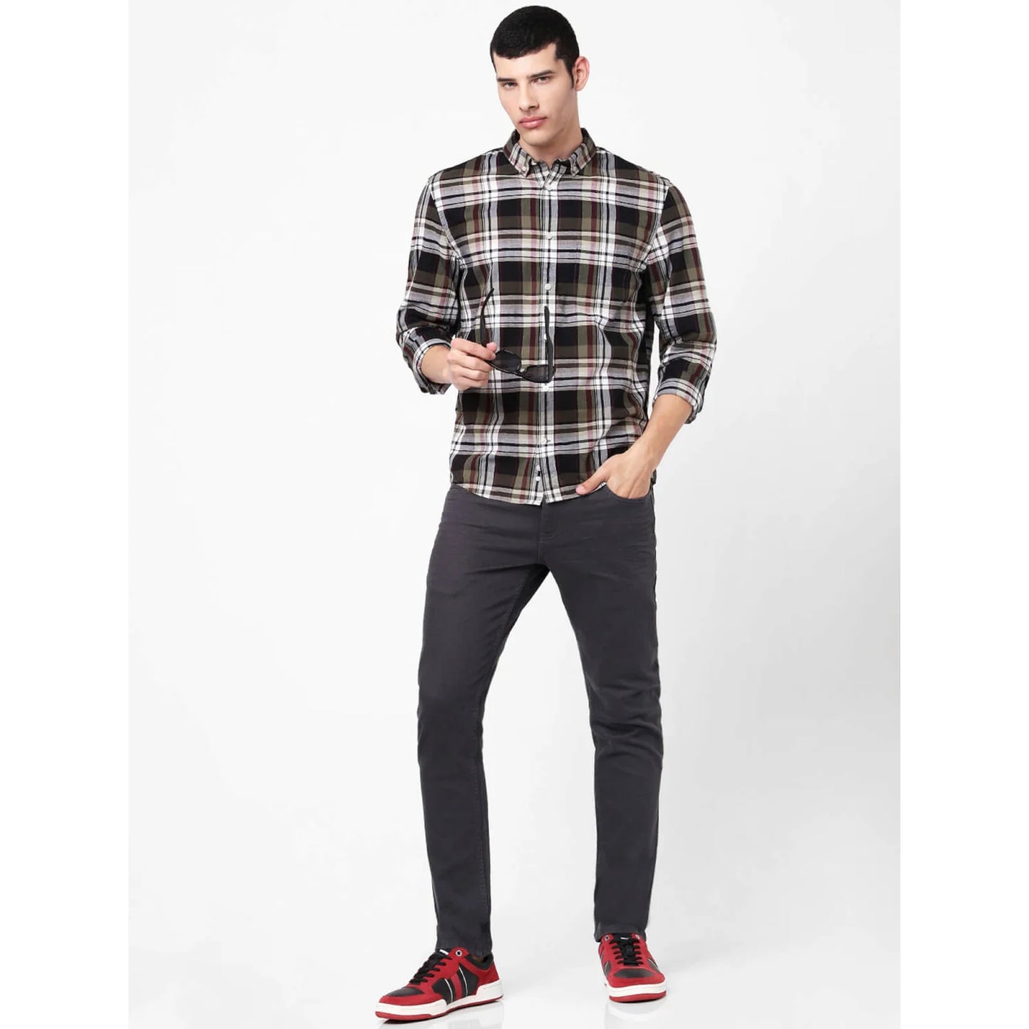 Celio* Checked Regular Fit Cotton Olive Shirts
