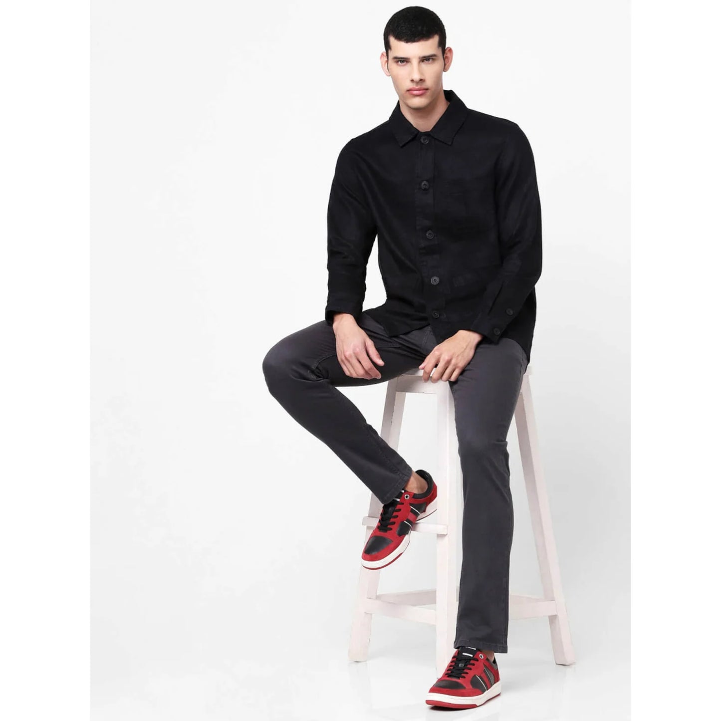 Celio* Solid Regular Fit Linen Black Shirt