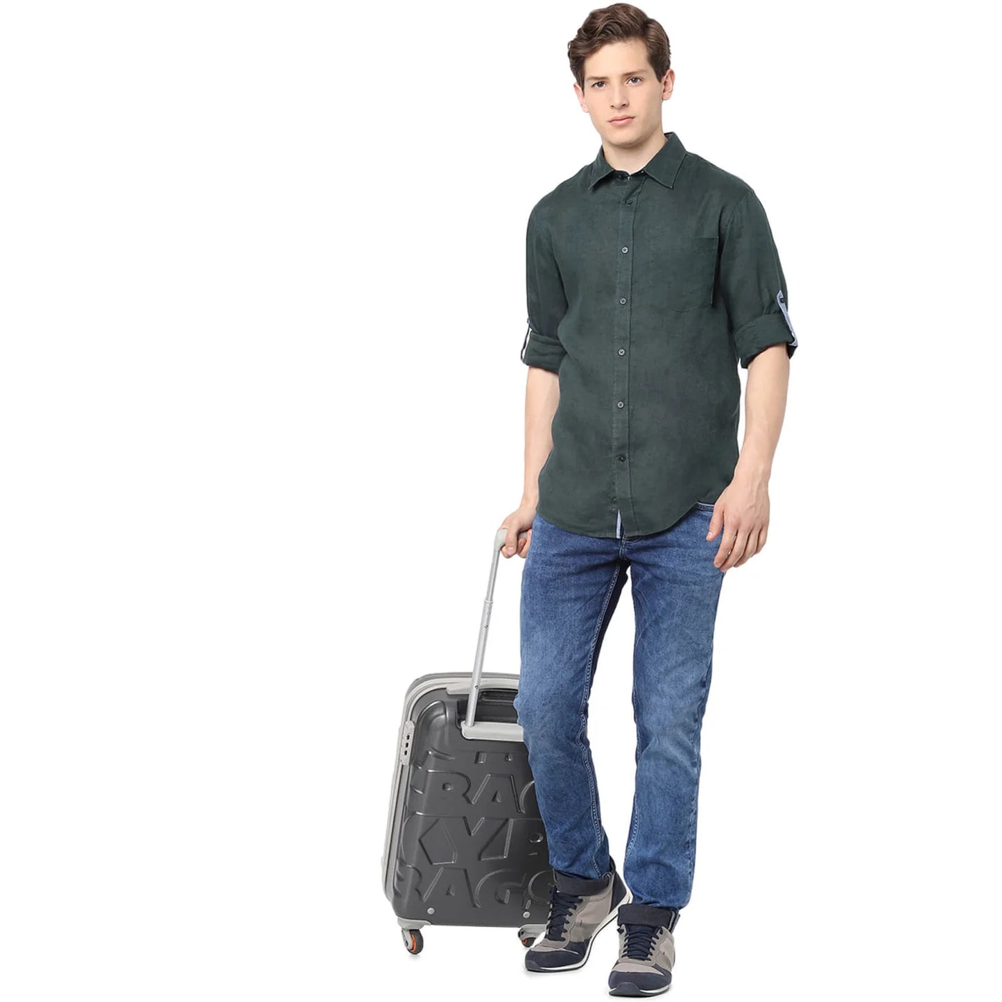 Celio* Solid Regular Fit Linen Green Shirt