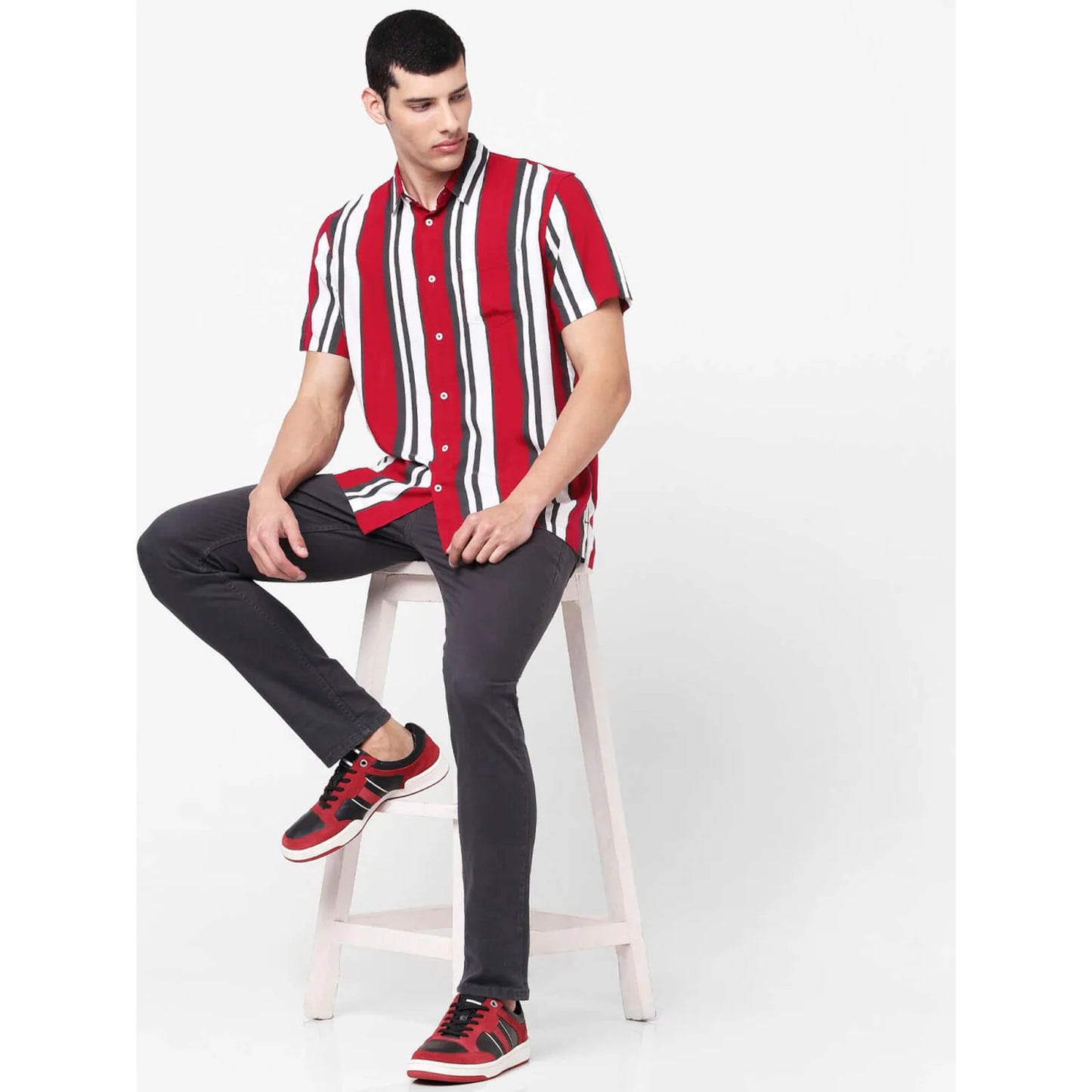 Celio* Striped Regular Fit Viscose Red Shirt