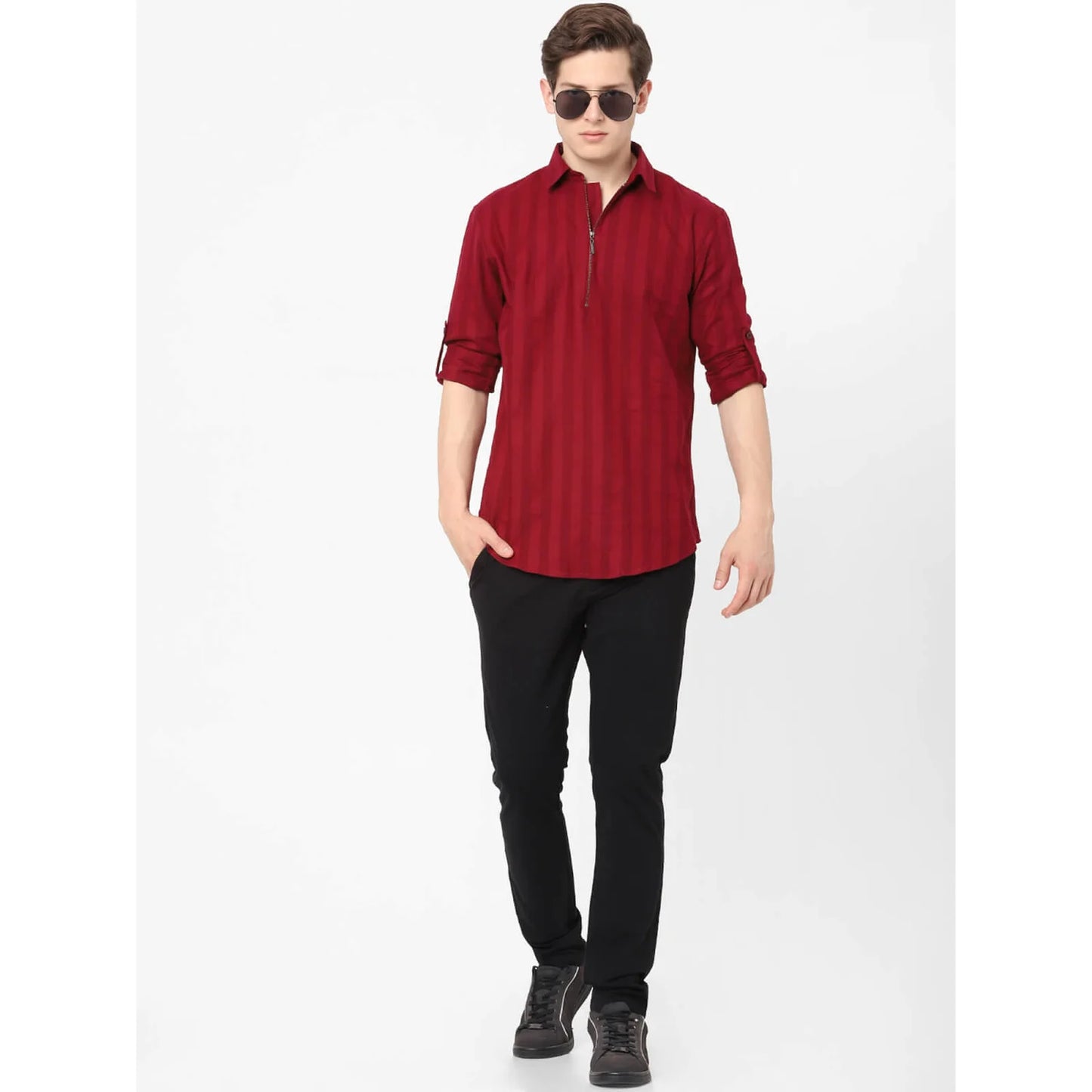 Celio* Striped Regular Fit Cotton Red Shirt