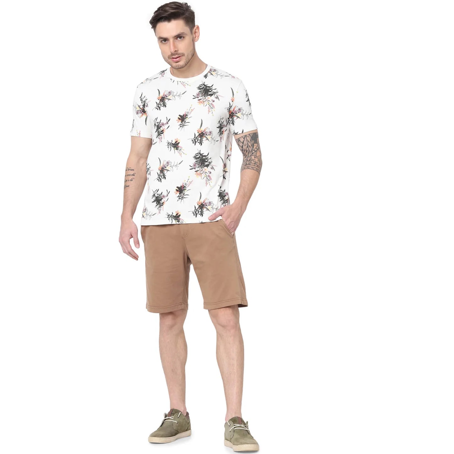 Celio* Floral Regular Fit Cotton White T-Shirt