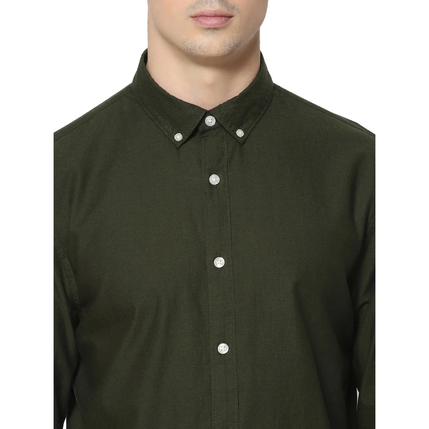 Celio* Solid Regular Fit Cotton Olive Shirt