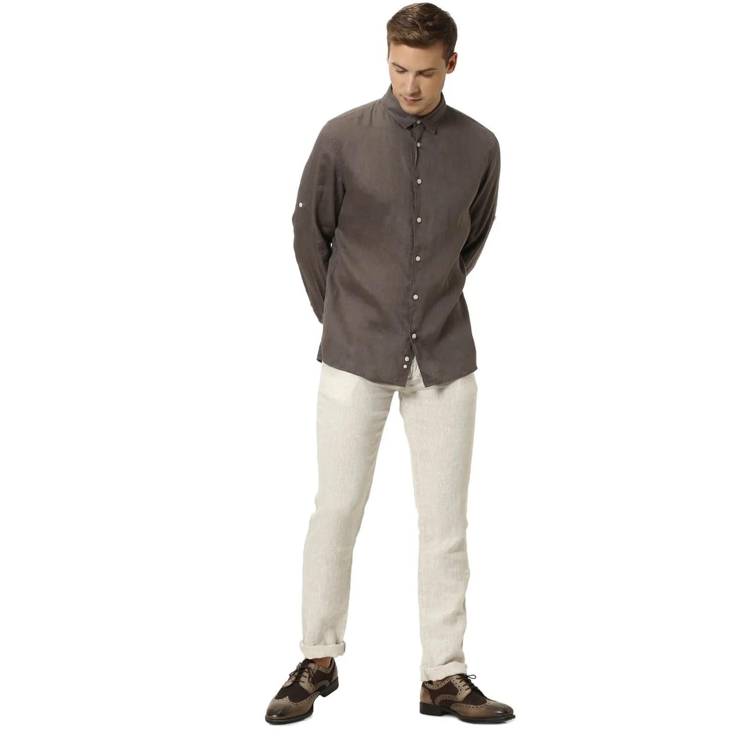 Celio* Solid Regular Fit Linen Olive Shirt