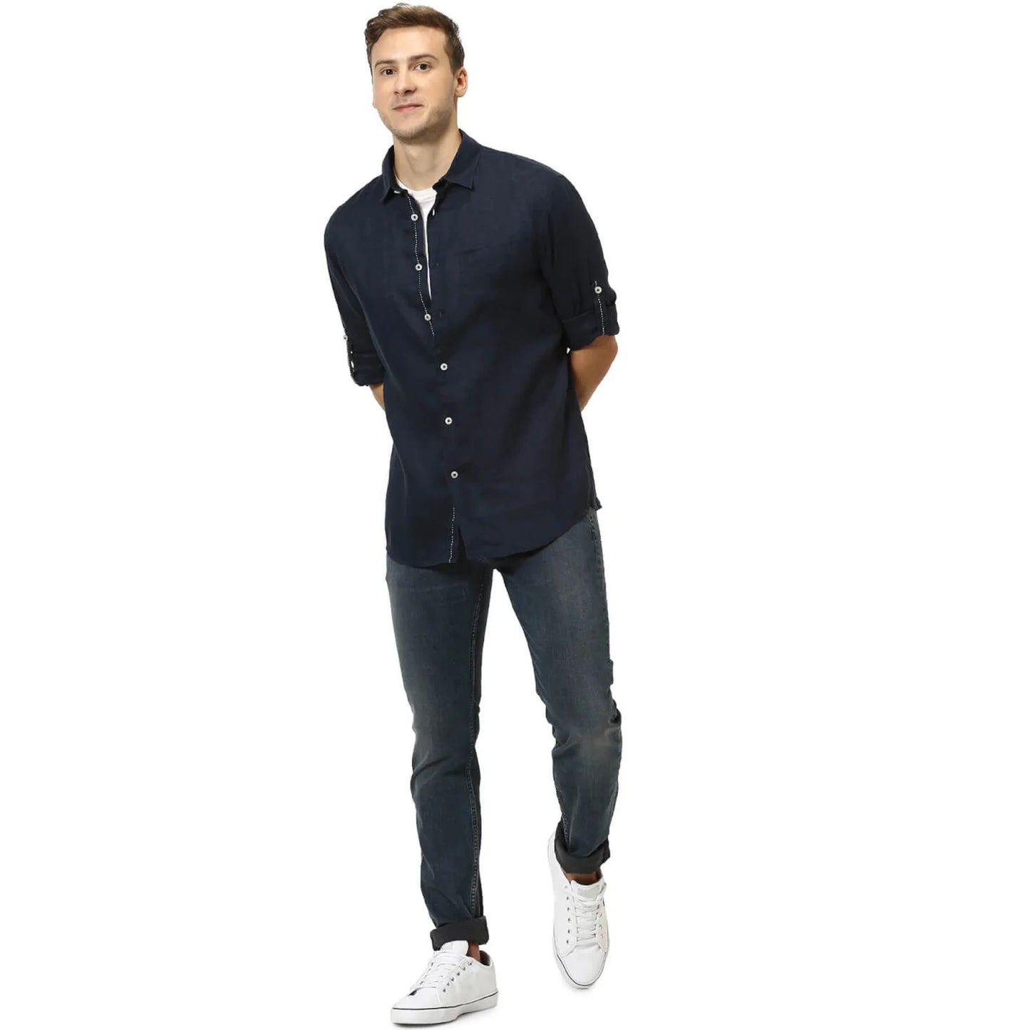 Celio* Solid Regular Fit Linen Navy Blue Shirt