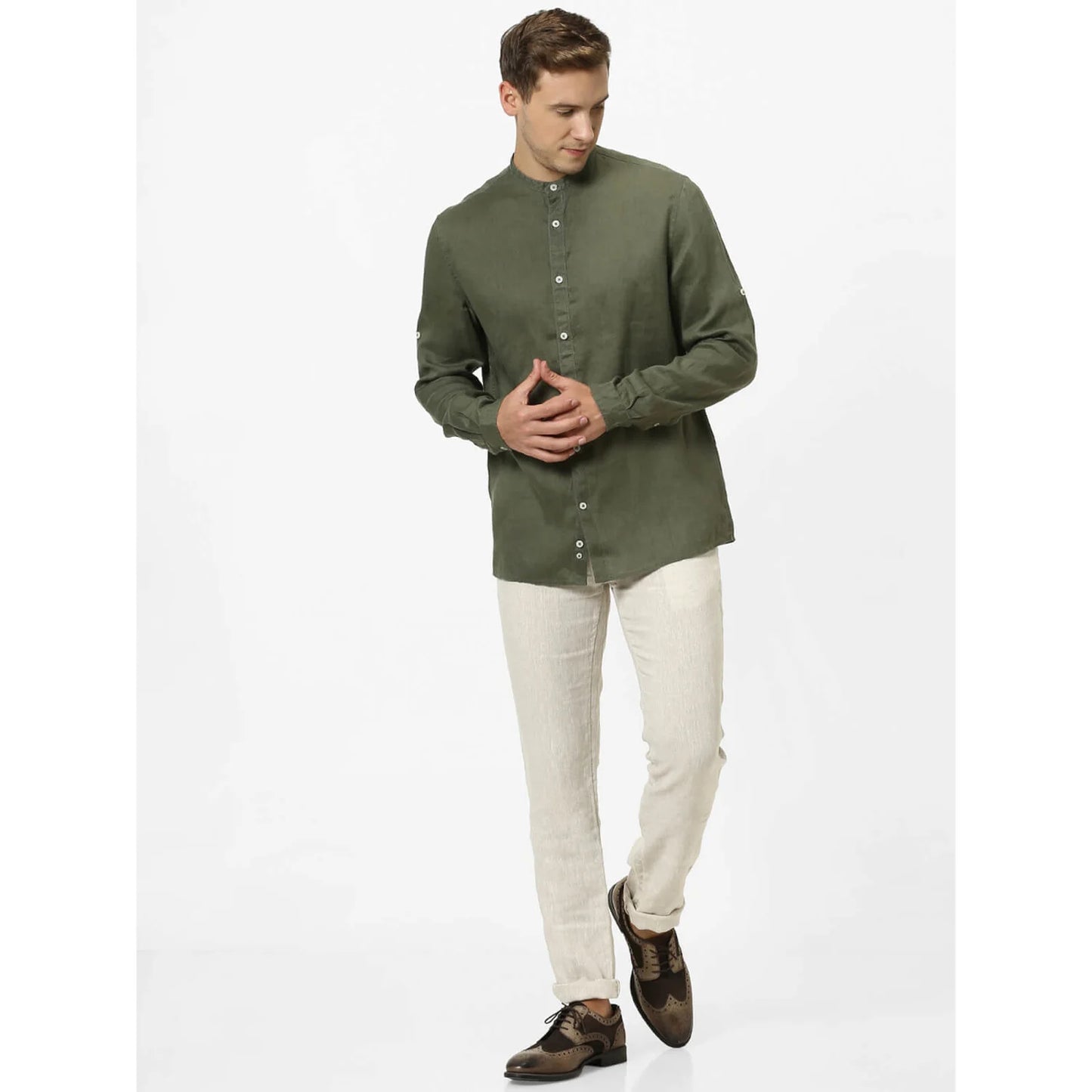Celio* Solid Regular Fit Linen Olive Shirt