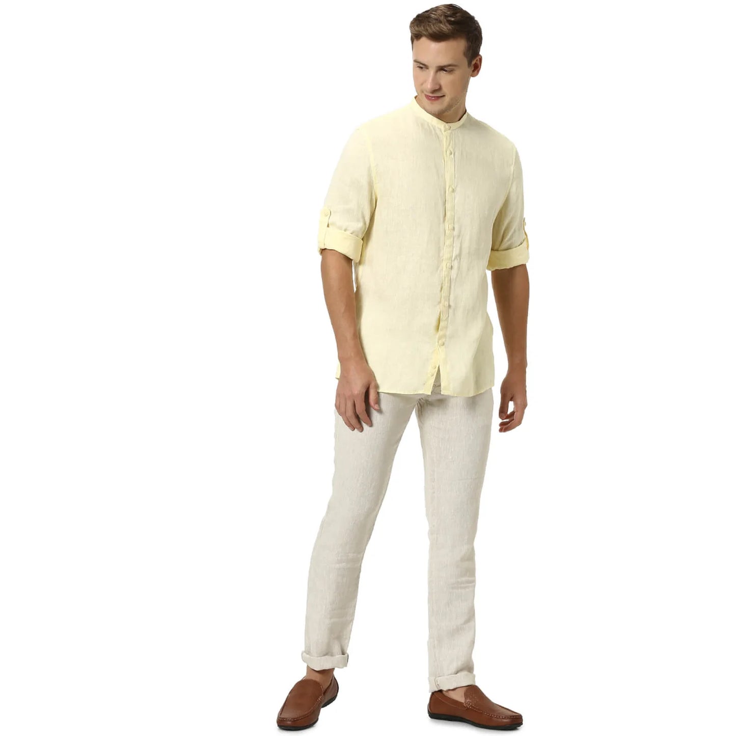 Celio* Solid Regular Fit Linen Yellow Shirt
