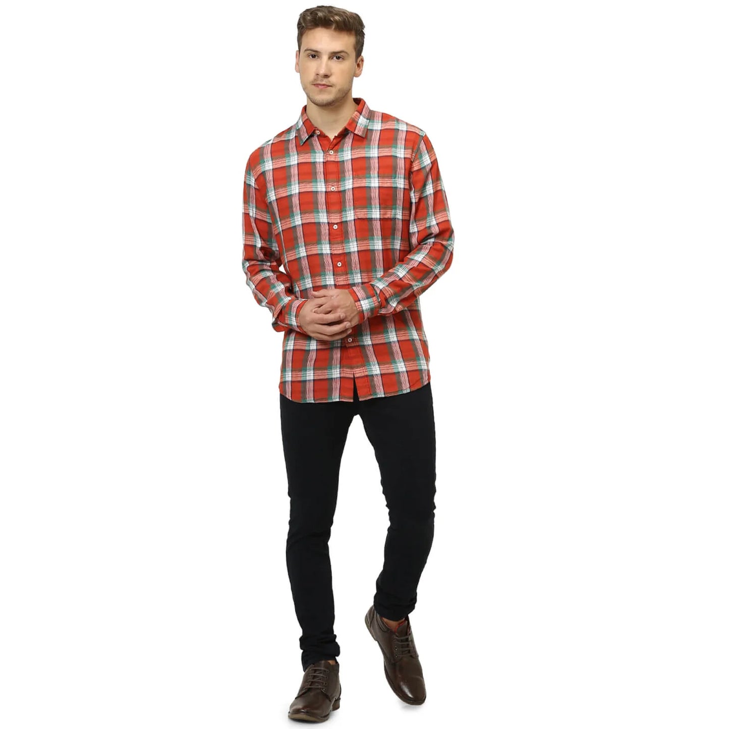 Celio* Checked Regular Fit Cotton Orange Shirt
