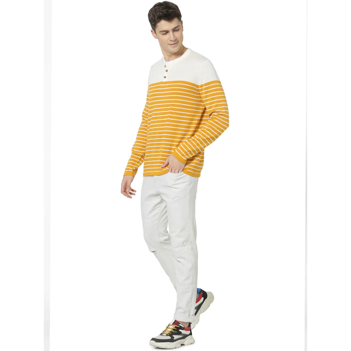 Celio* Striped Regular Fit Cotton Yellow Sweater