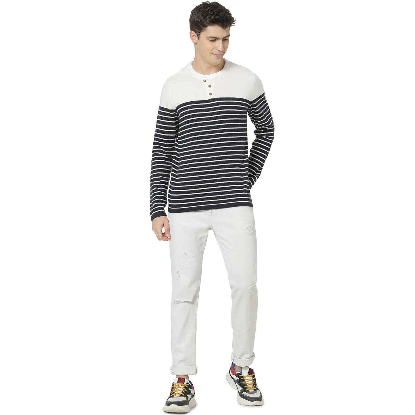 Celio* Striped Regular Fit Cotton Navy Blue Sweater