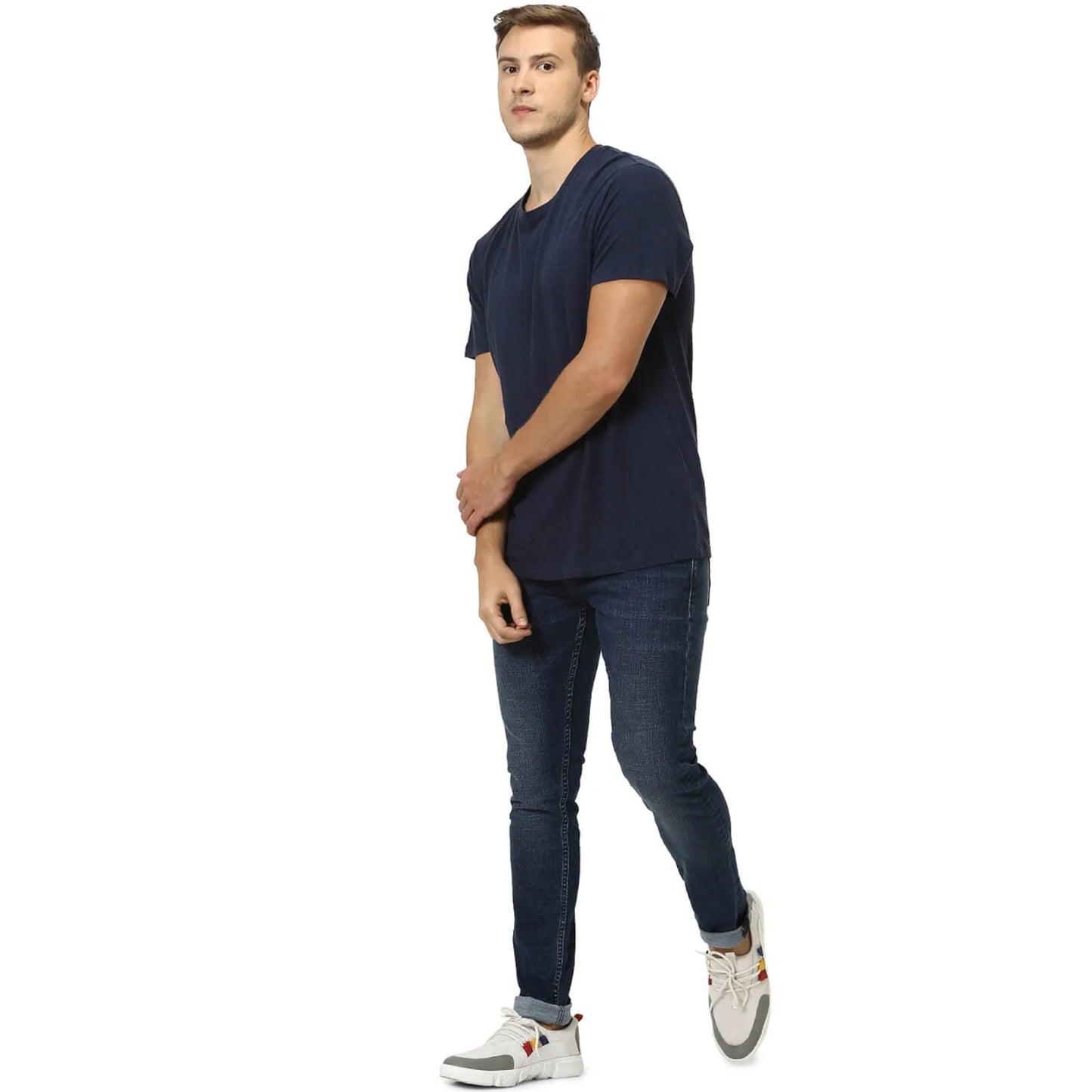Celio* Solid Regular Fit Linen Navy Blue T-Shirt