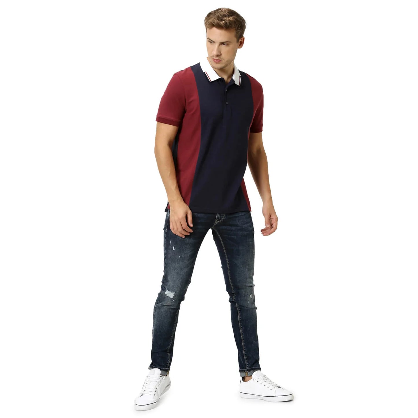 Celio* Colourblock Regular Fit Cotton Maroon T-Shirt