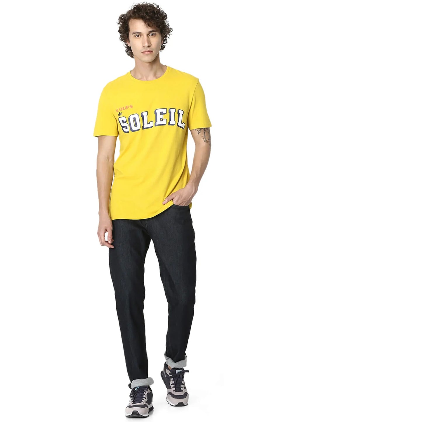 Celio* Printed Regular Fit Cotton Yellow T-Shirt