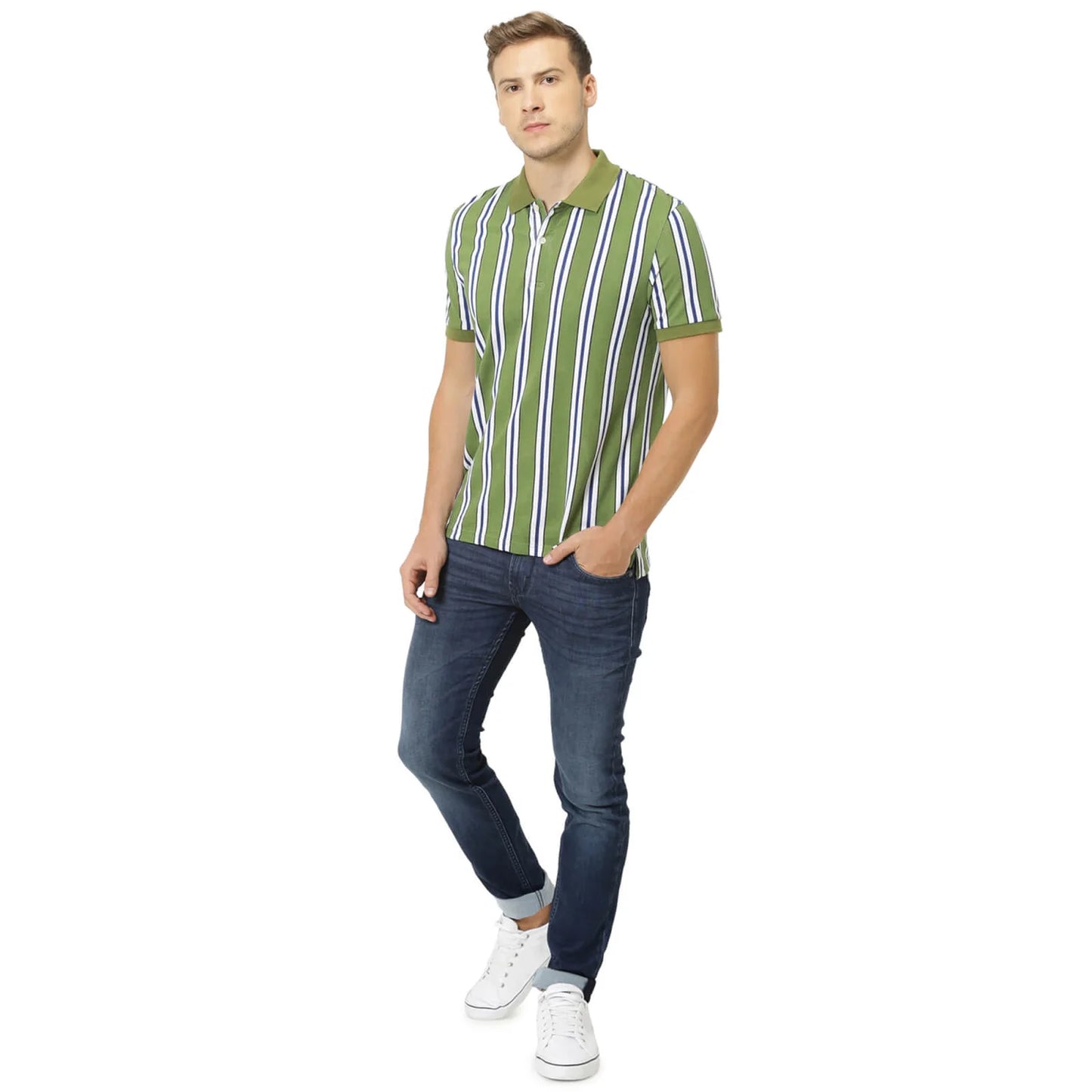 Celio* Striped Regular Fit Cotton Green T-Shirt
