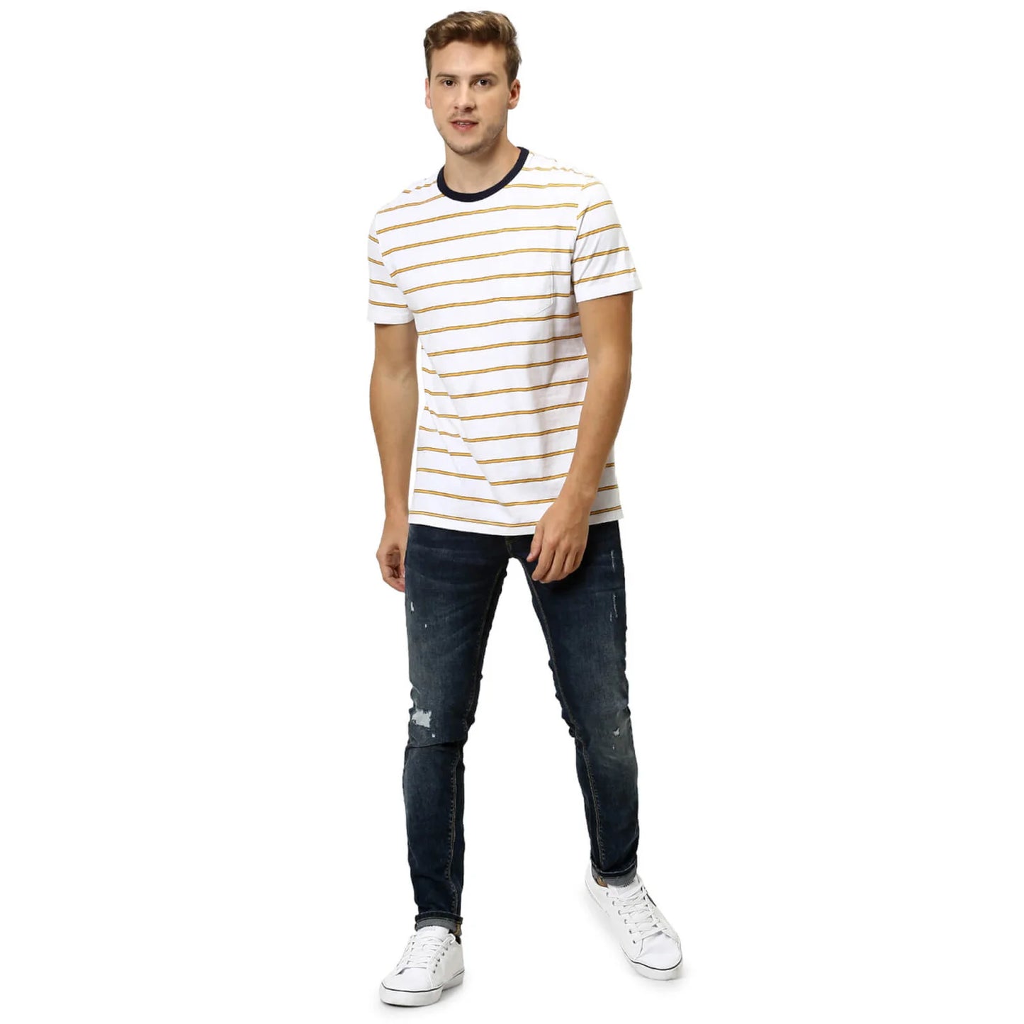 Celio* Striped Regular Fit Cotton White T-Shirt