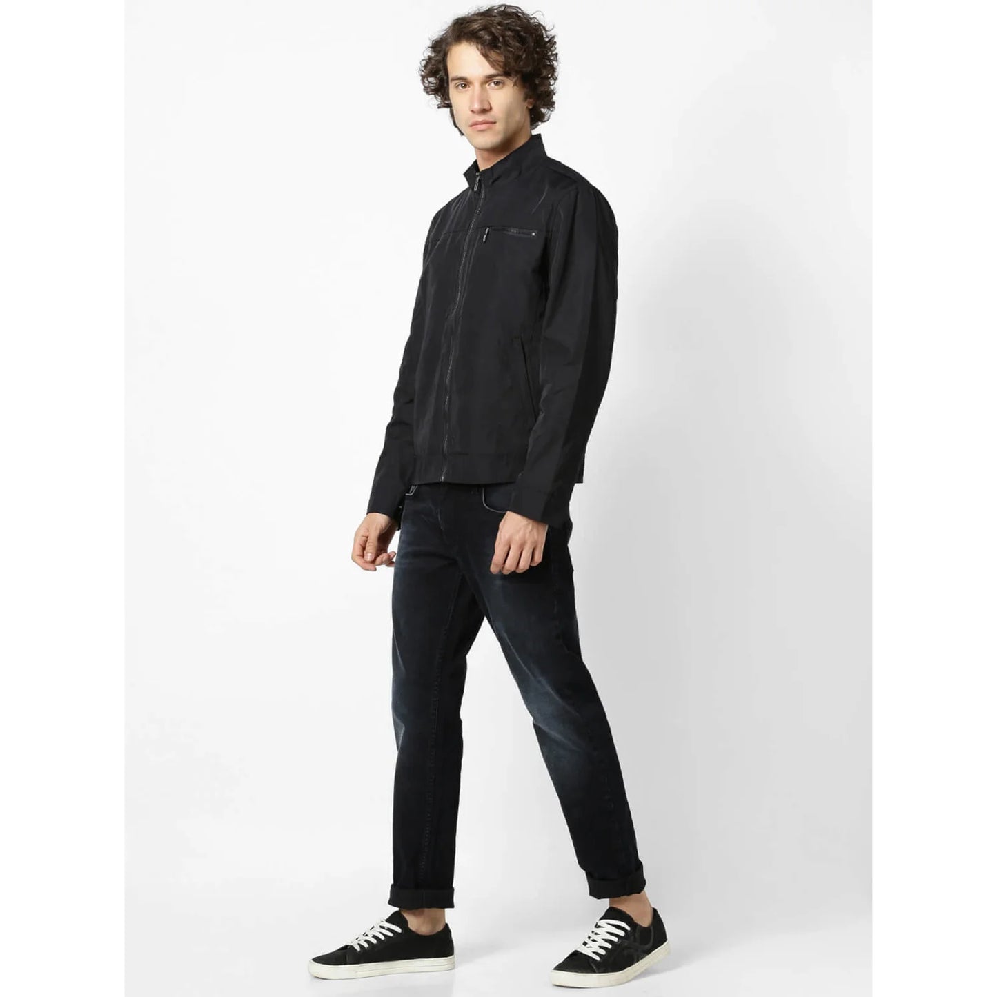 Celio* Solid Regular Fit Cotton-Blend Black Jacket