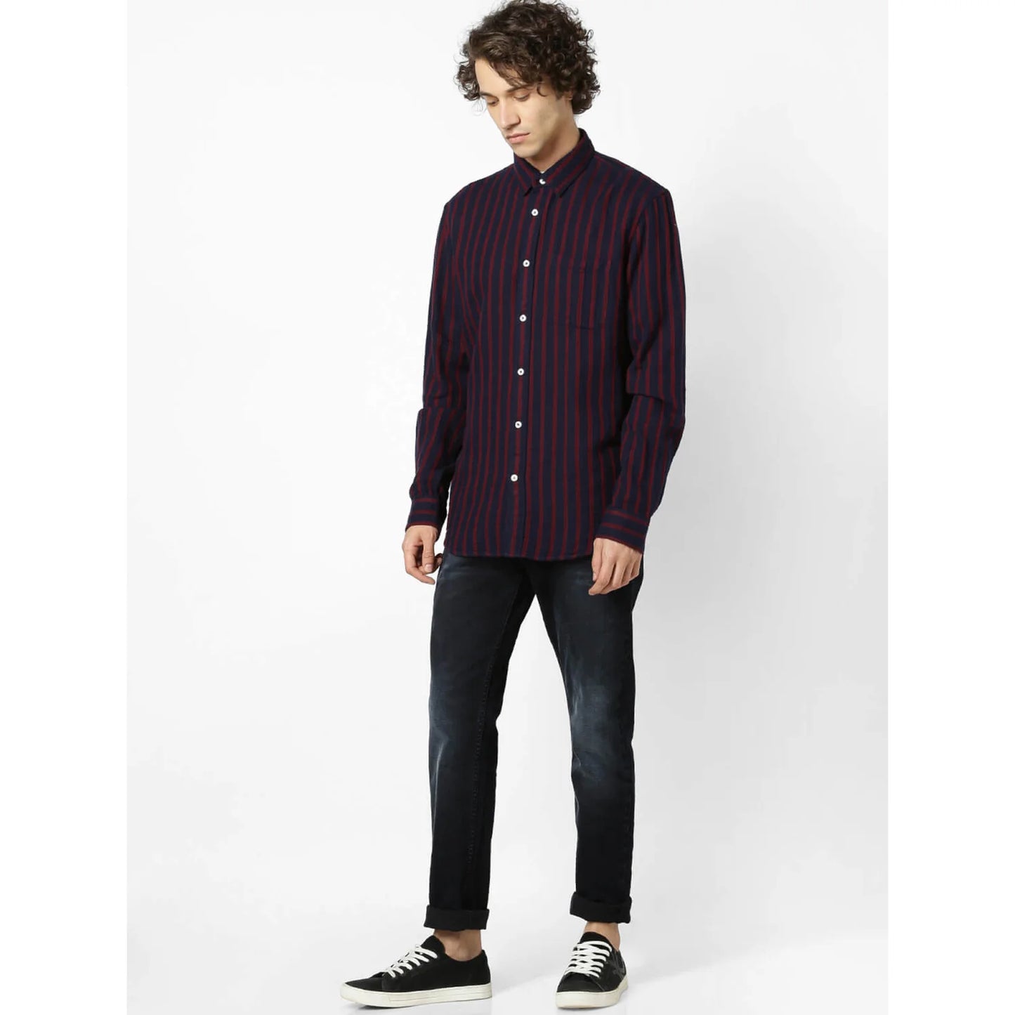 Celio* Striped Regular Fit Cotton Navy Blue Shirt