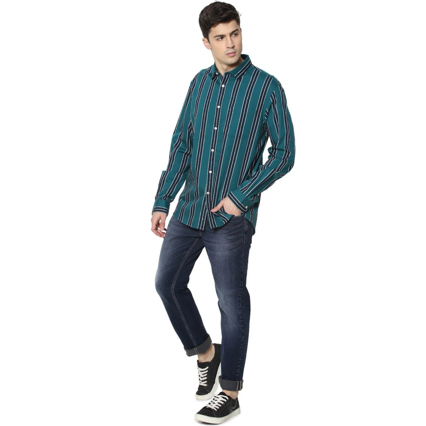 Celio* Striped Regular Fit Cotton Green Shirt