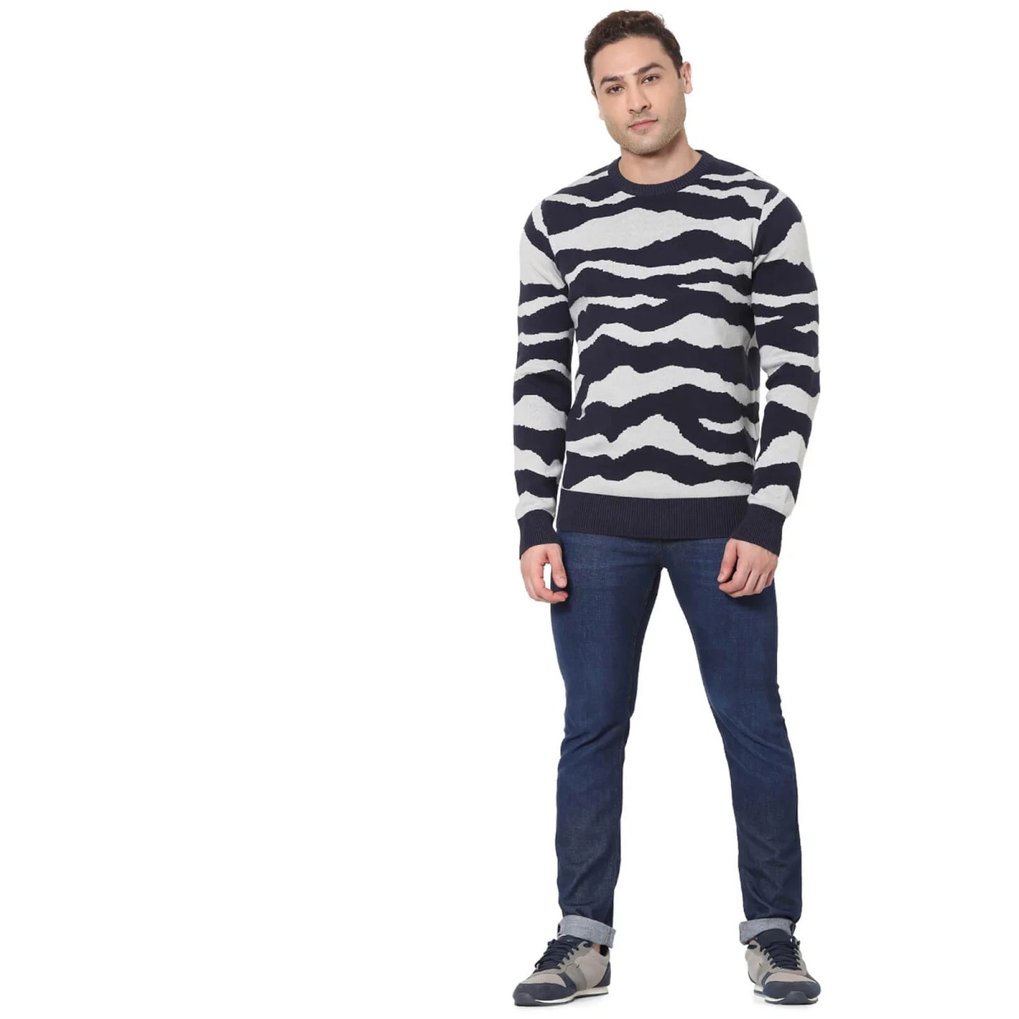 Celio* Printed Regular Fit Cotton Navy Blue Sweater