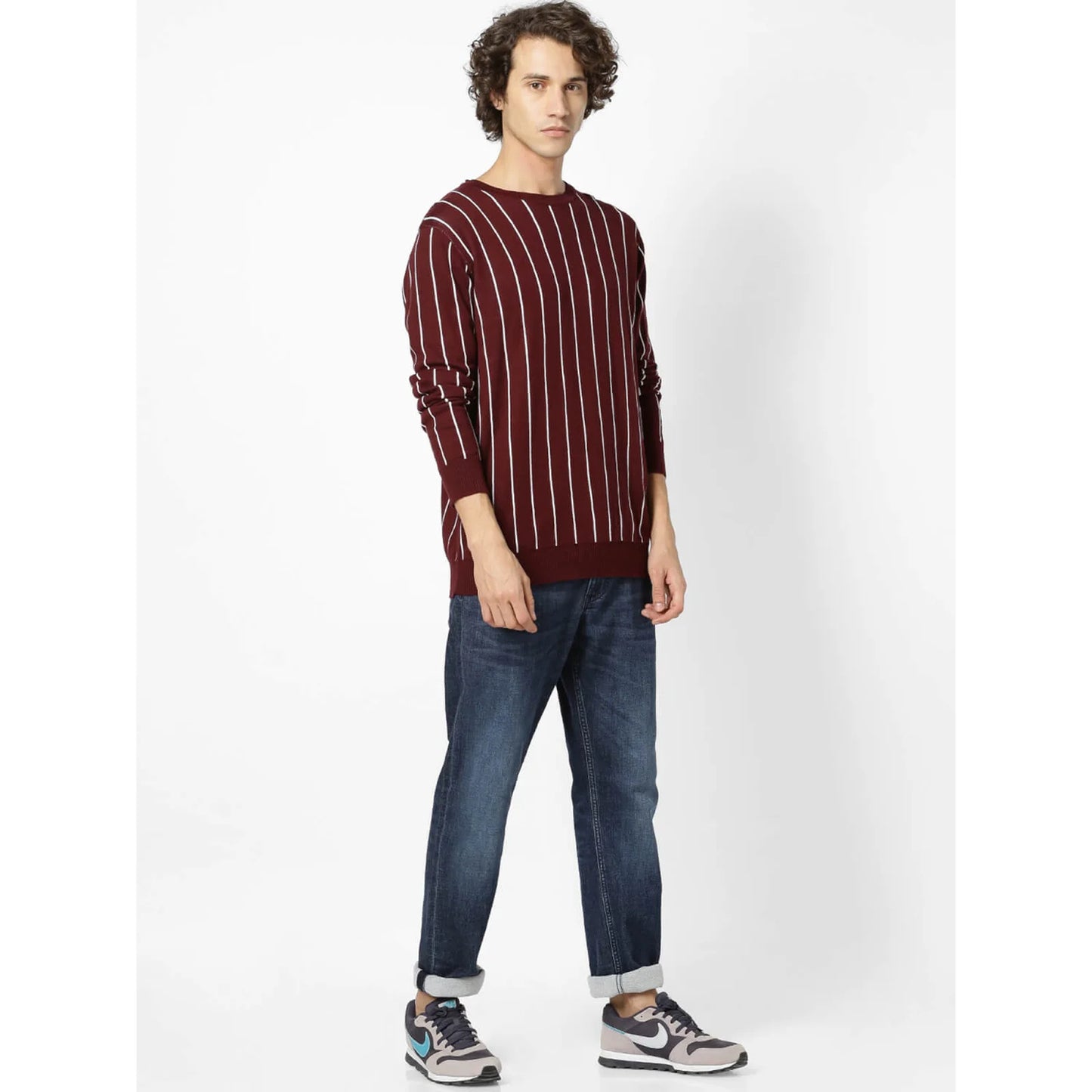 Celio* Striped Regular Fit Cotton Maroon Sweater