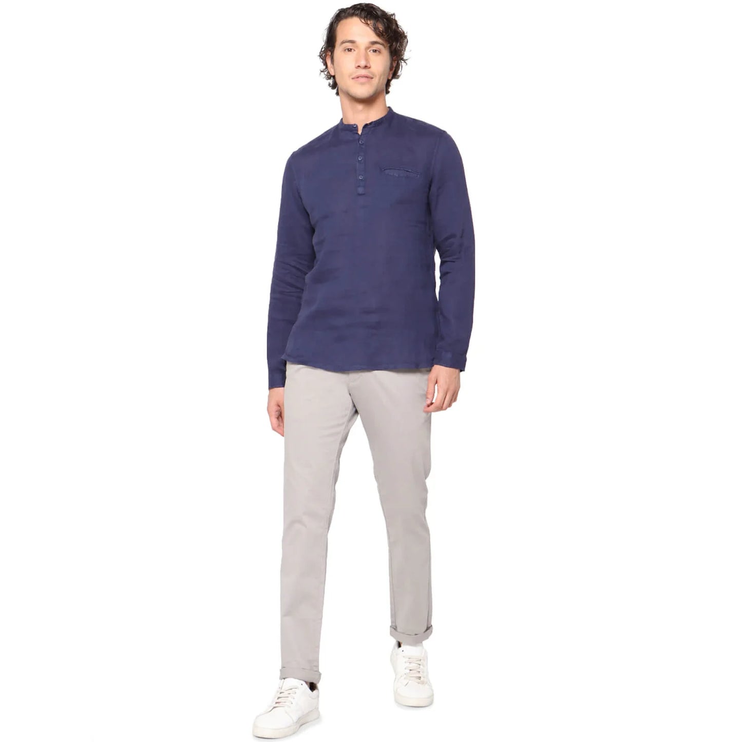 Celio* Solid Regular Fit Linen Navy Blue Shirt